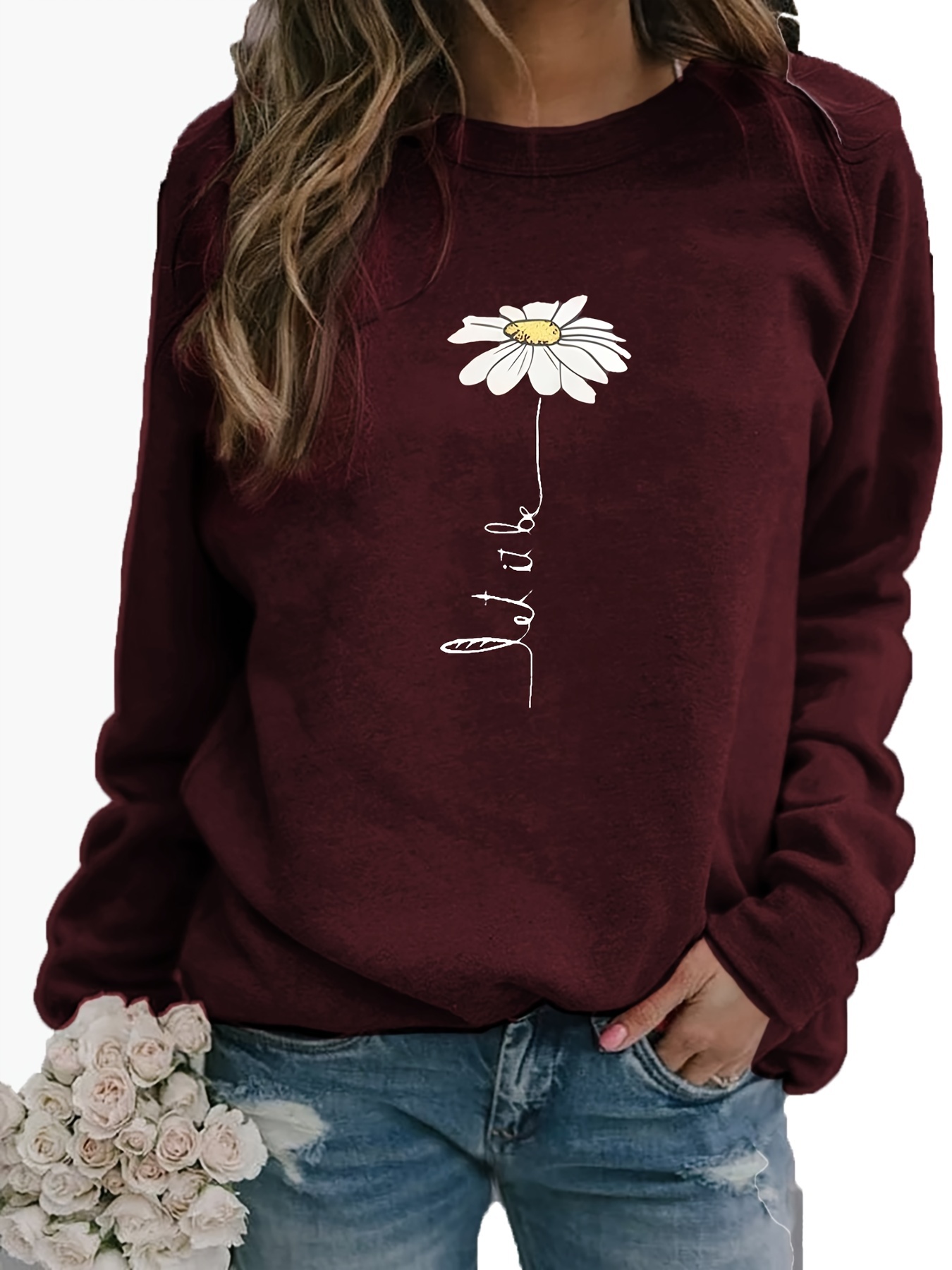 daisy print pullover sweatshirt casual long sleeve crew neck sweatshirt for fall winter womens clothing details 19