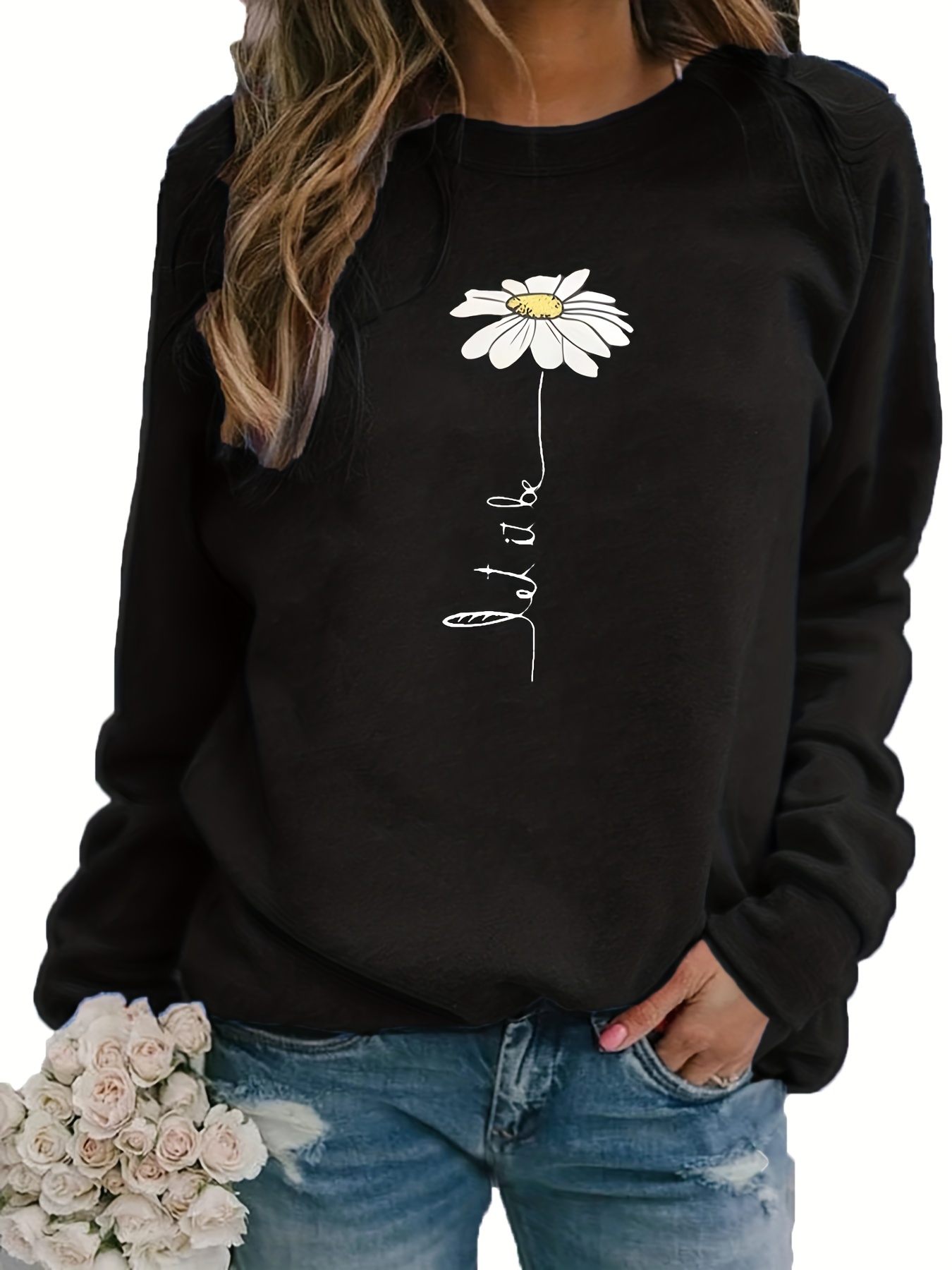 daisy print pullover sweatshirt casual long sleeve crew neck sweatshirt for fall winter womens clothing details 23