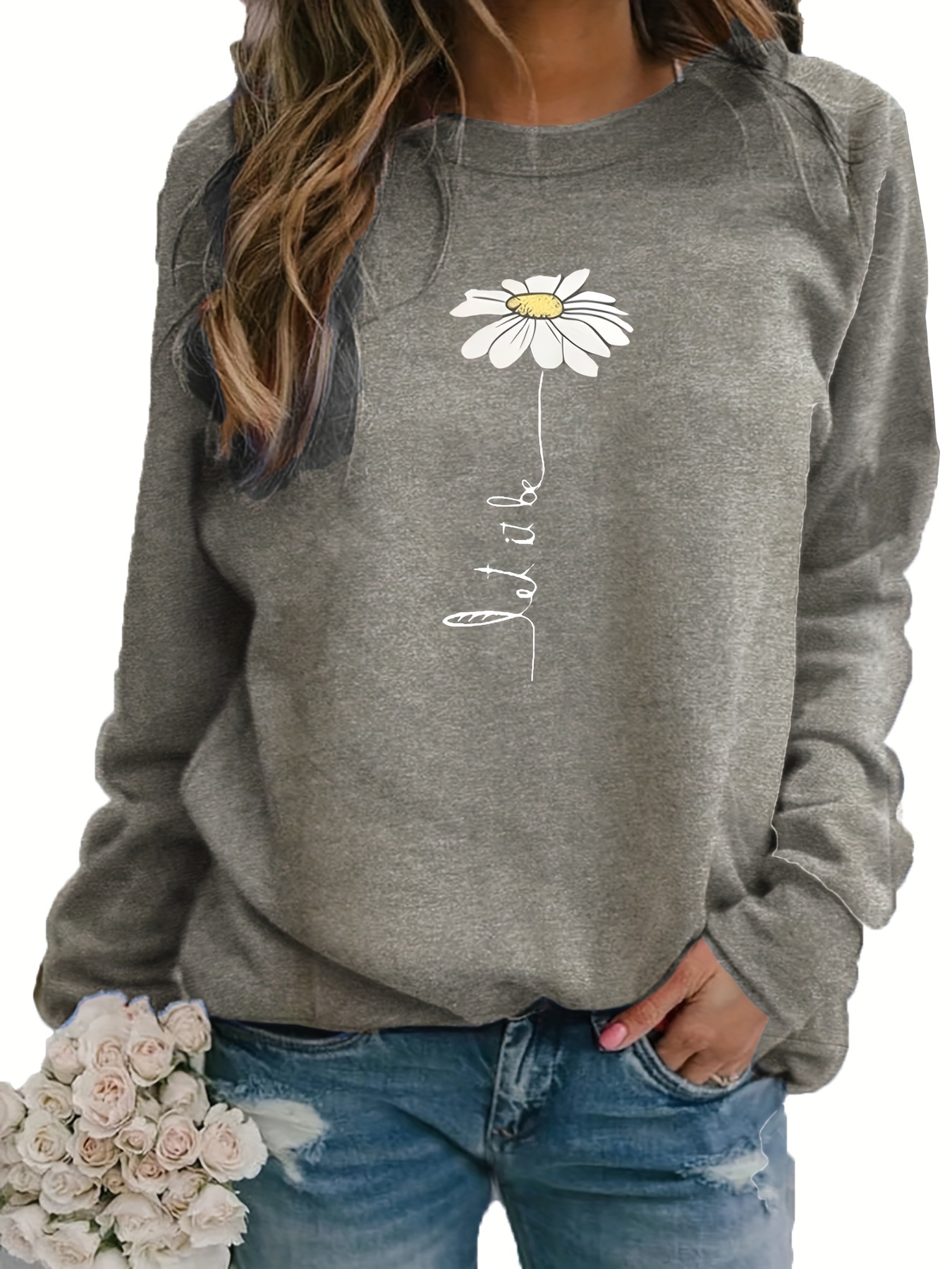 daisy print pullover sweatshirt casual long sleeve crew neck sweatshirt for fall winter womens clothing details 27