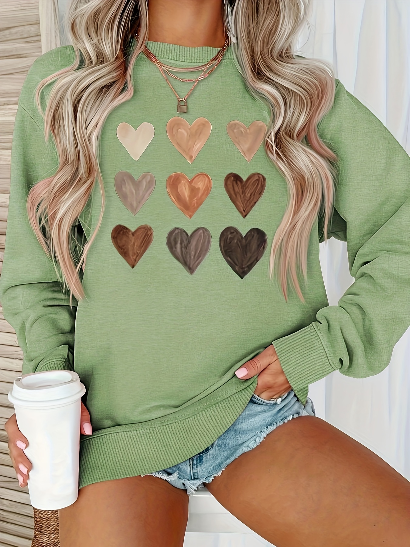 heart print crew neck sweatshirt casual long sleeve drop shoulder sweatshirt womens clothing details 2