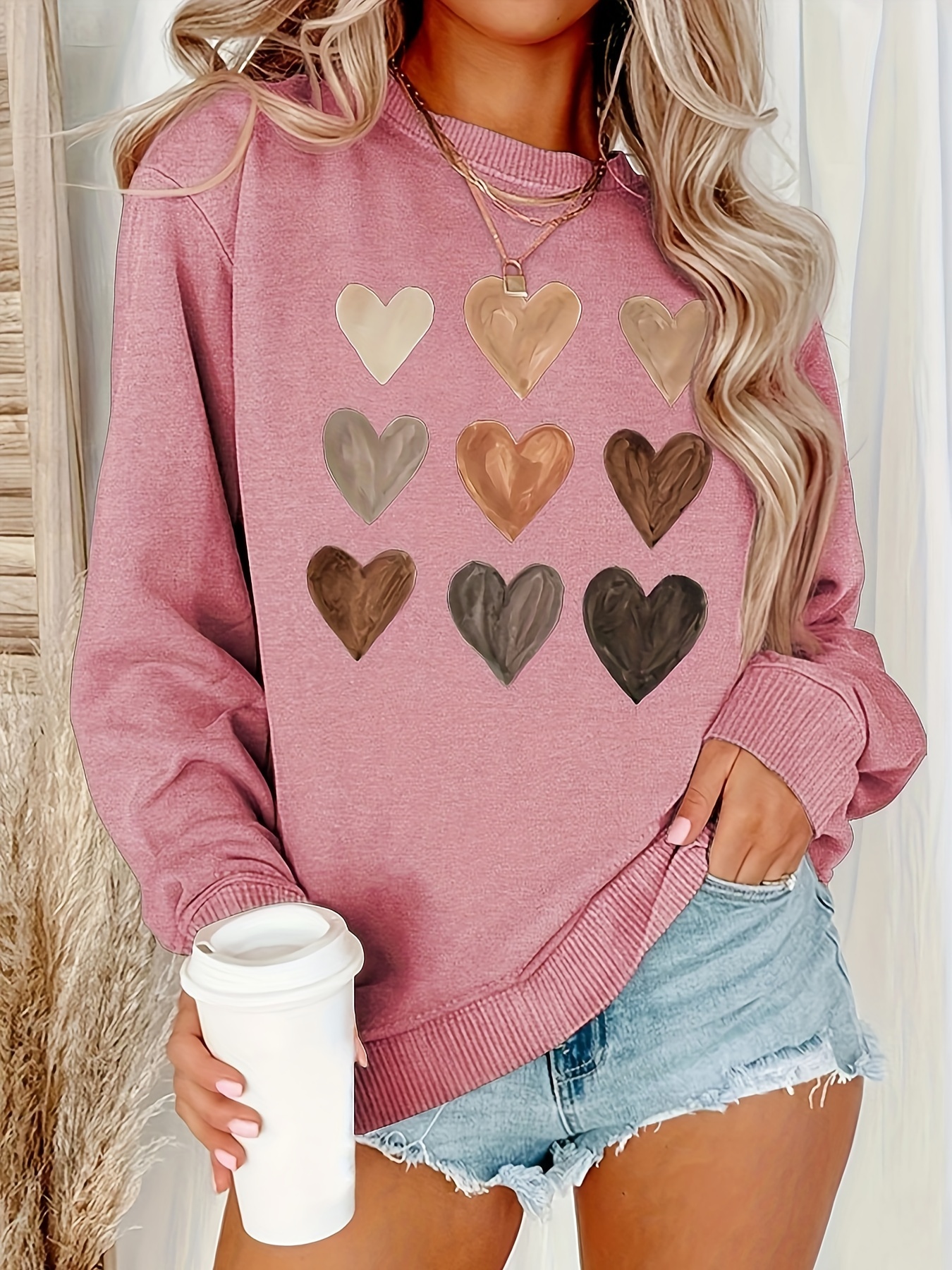 heart print crew neck sweatshirt casual long sleeve drop shoulder sweatshirt womens clothing details 5