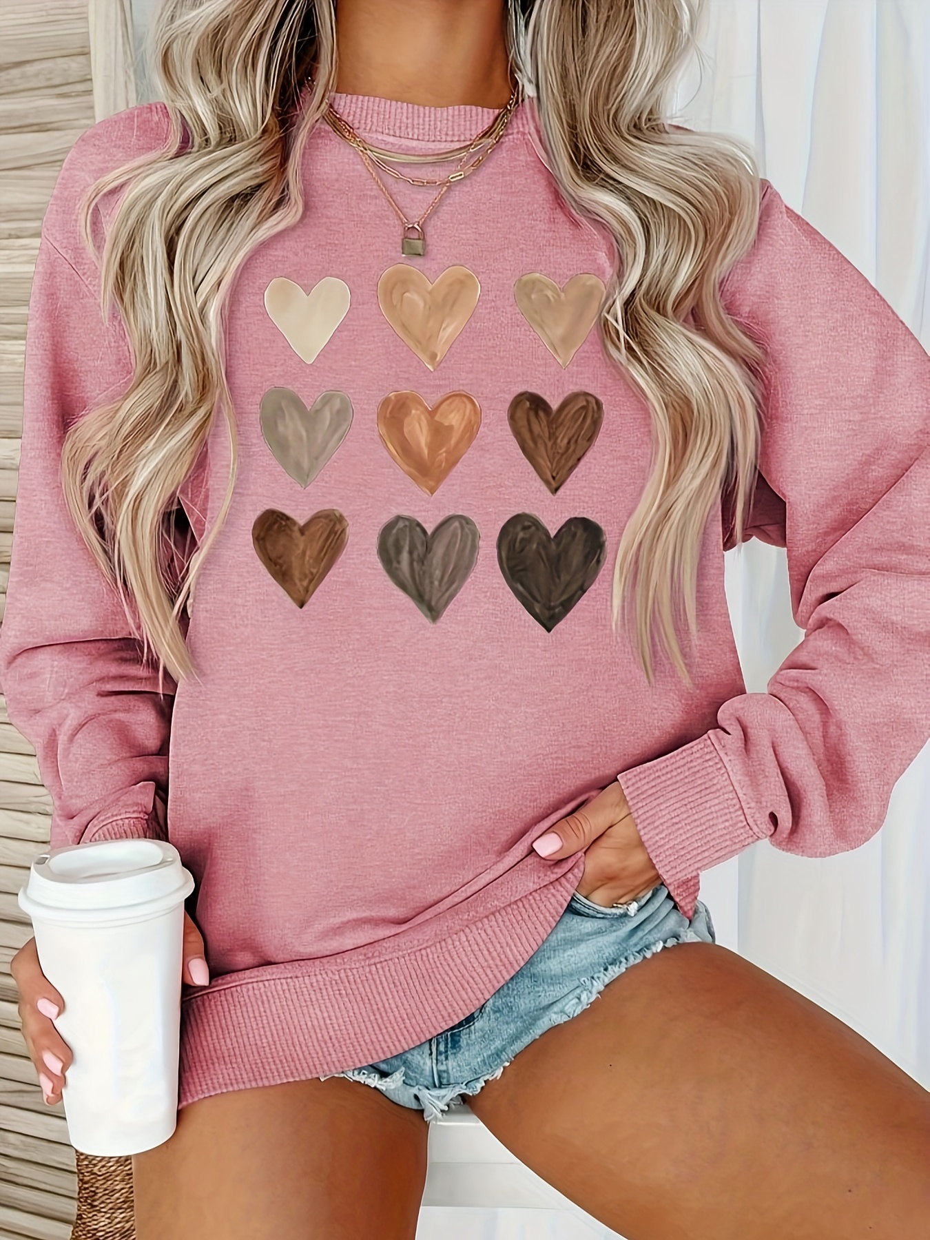 heart print crew neck sweatshirt casual long sleeve drop shoulder sweatshirt womens clothing details 7