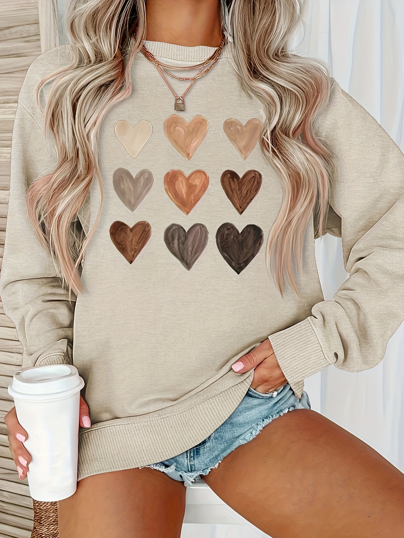 heart print crew neck sweatshirt casual long sleeve drop shoulder sweatshirt womens clothing details 12