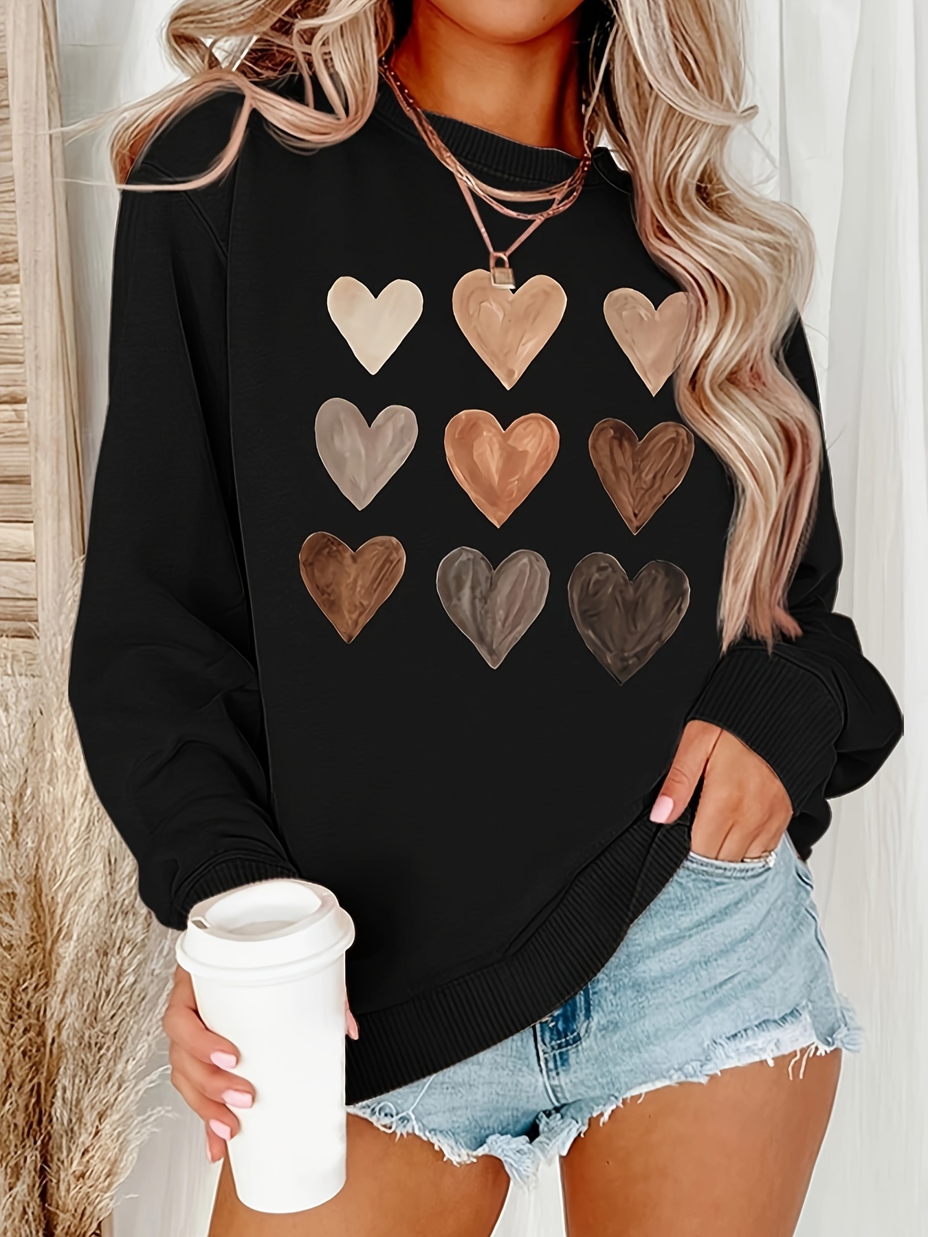 heart print crew neck sweatshirt casual long sleeve drop shoulder sweatshirt womens clothing details 15