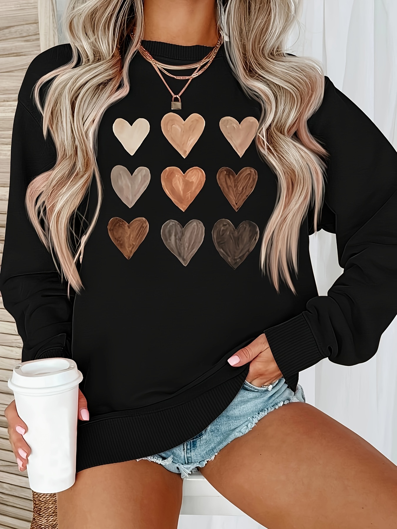 heart print crew neck sweatshirt casual long sleeve drop shoulder sweatshirt womens clothing details 17