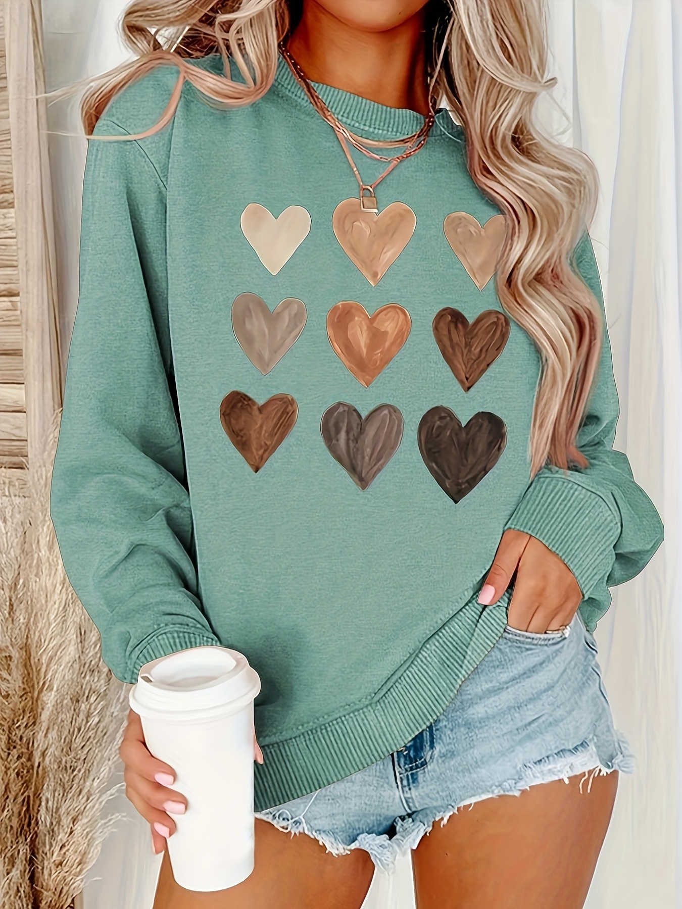 heart print crew neck sweatshirt casual long sleeve drop shoulder sweatshirt womens clothing details 20