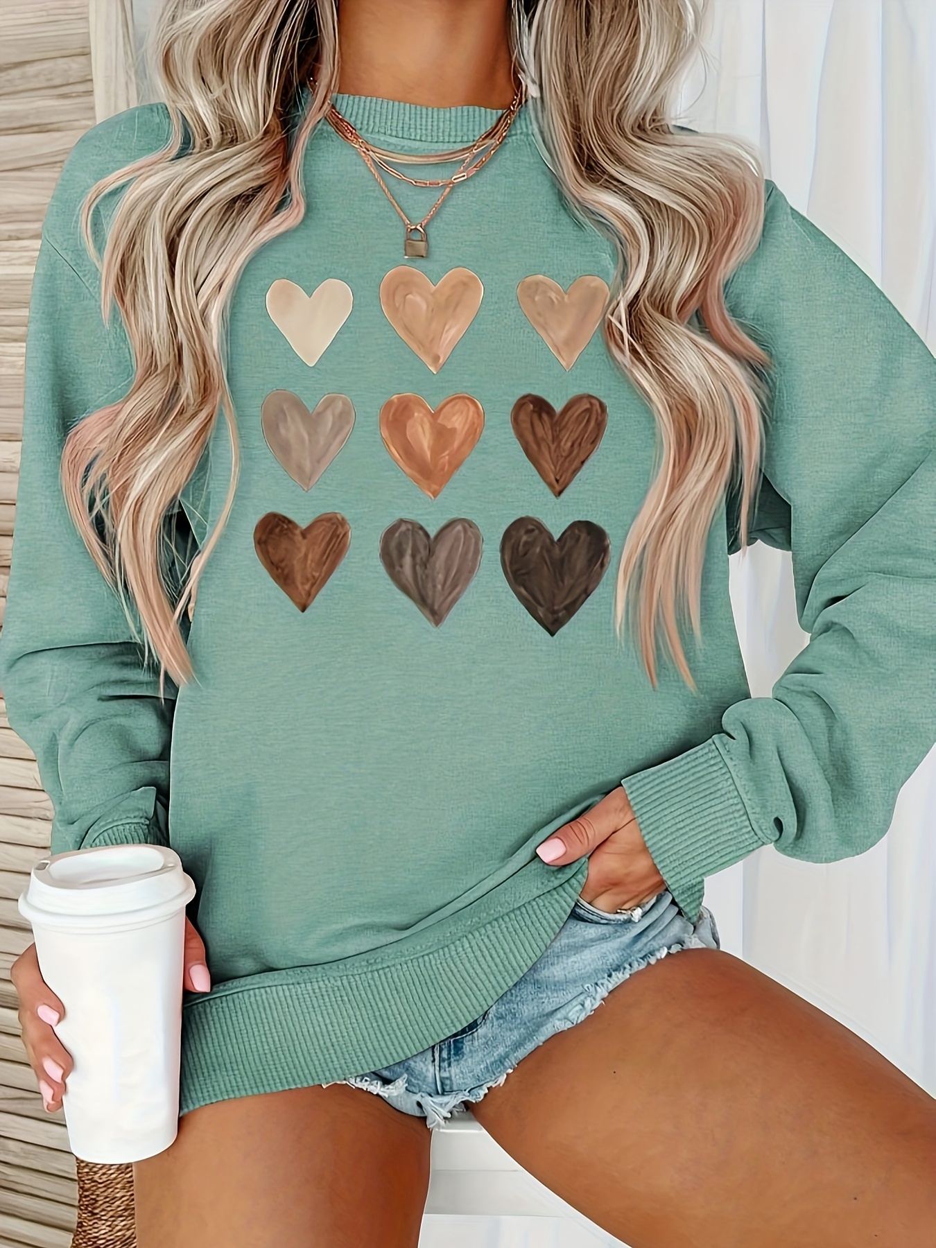 heart print crew neck sweatshirt casual long sleeve drop shoulder sweatshirt womens clothing details 21