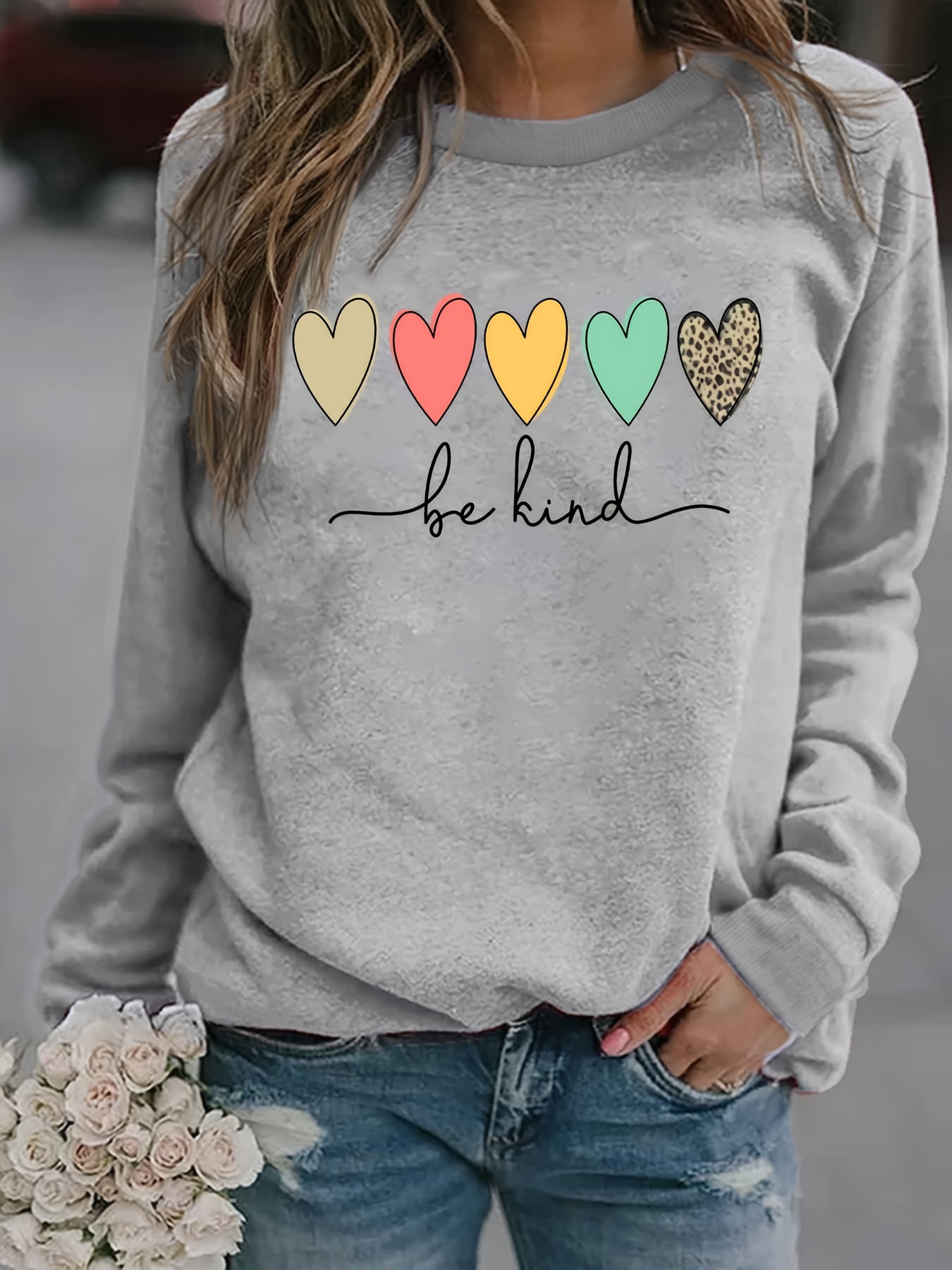 be kind heart print sweatshirt casual long sleeve crew neck sweatshirt womens clothing details 0