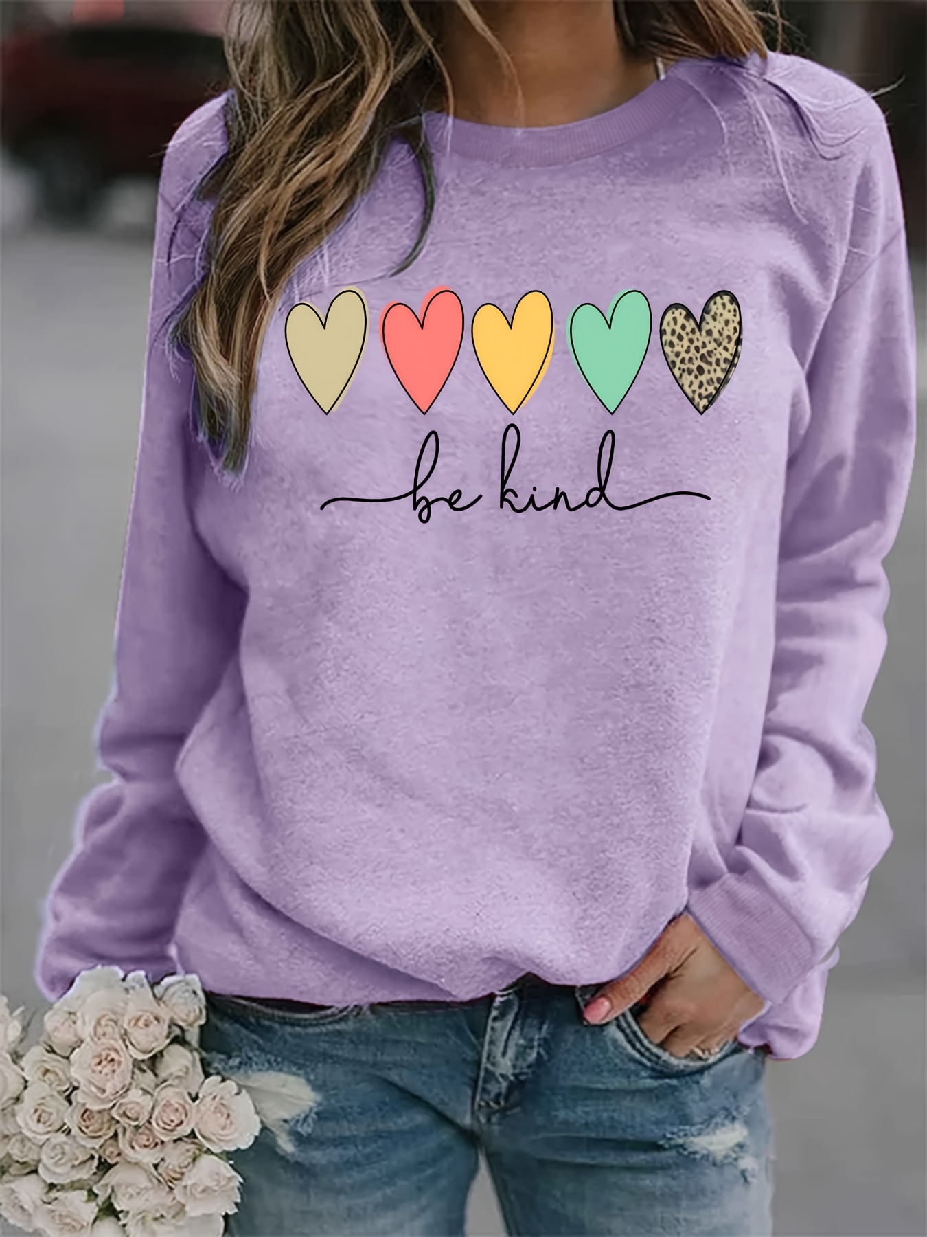 be kind heart print sweatshirt casual long sleeve crew neck sweatshirt womens clothing details 5