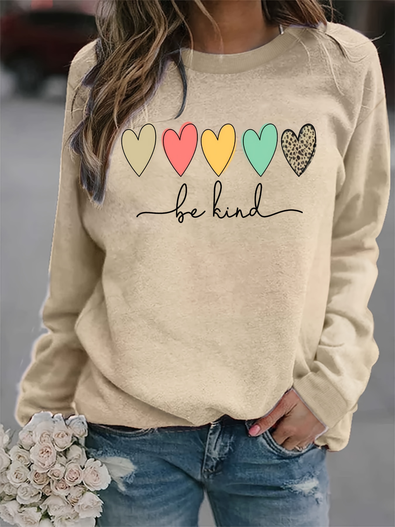 be kind heart print sweatshirt casual long sleeve crew neck sweatshirt womens clothing details 10