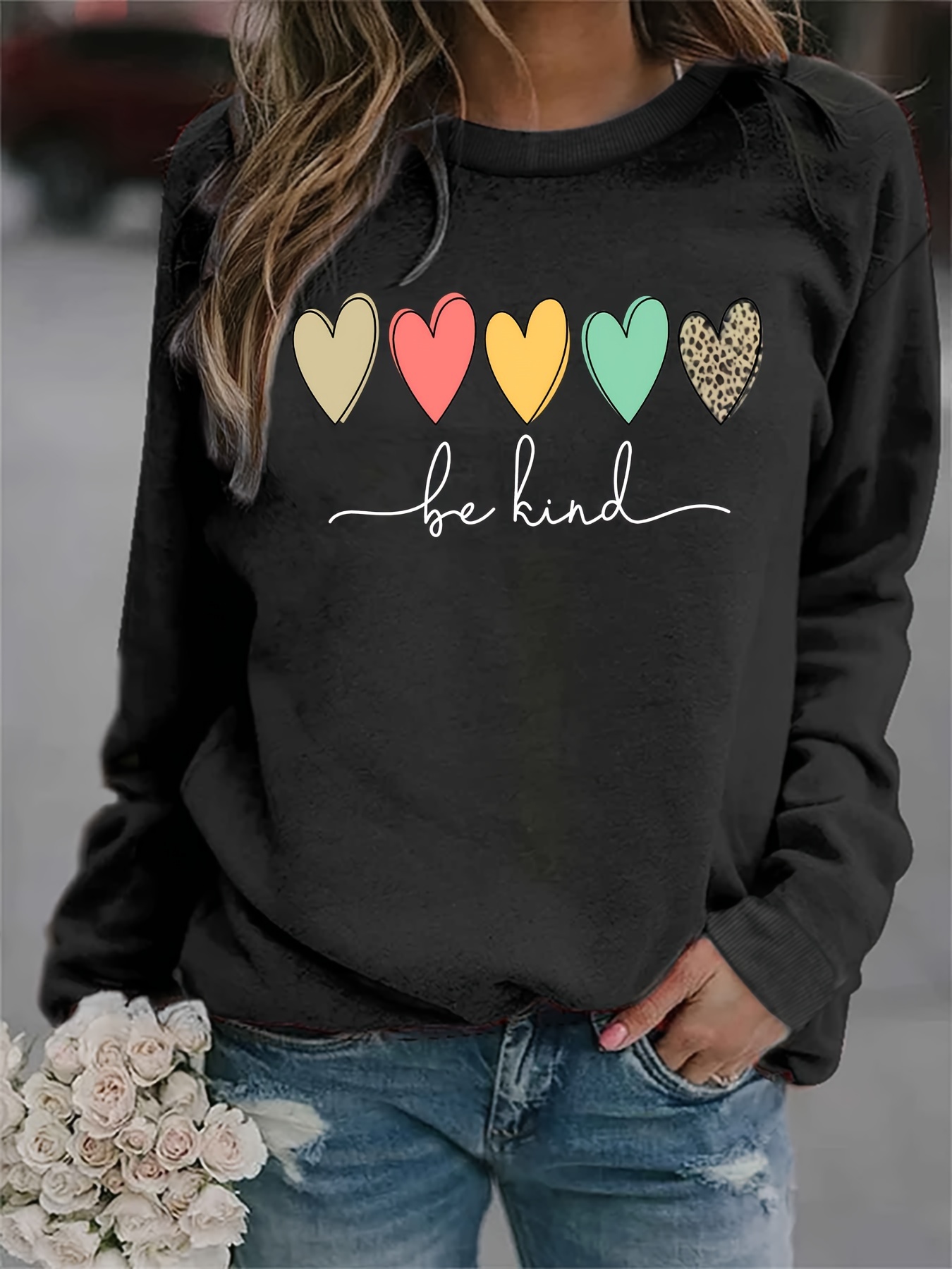 be kind heart print sweatshirt casual long sleeve crew neck sweatshirt womens clothing details 15