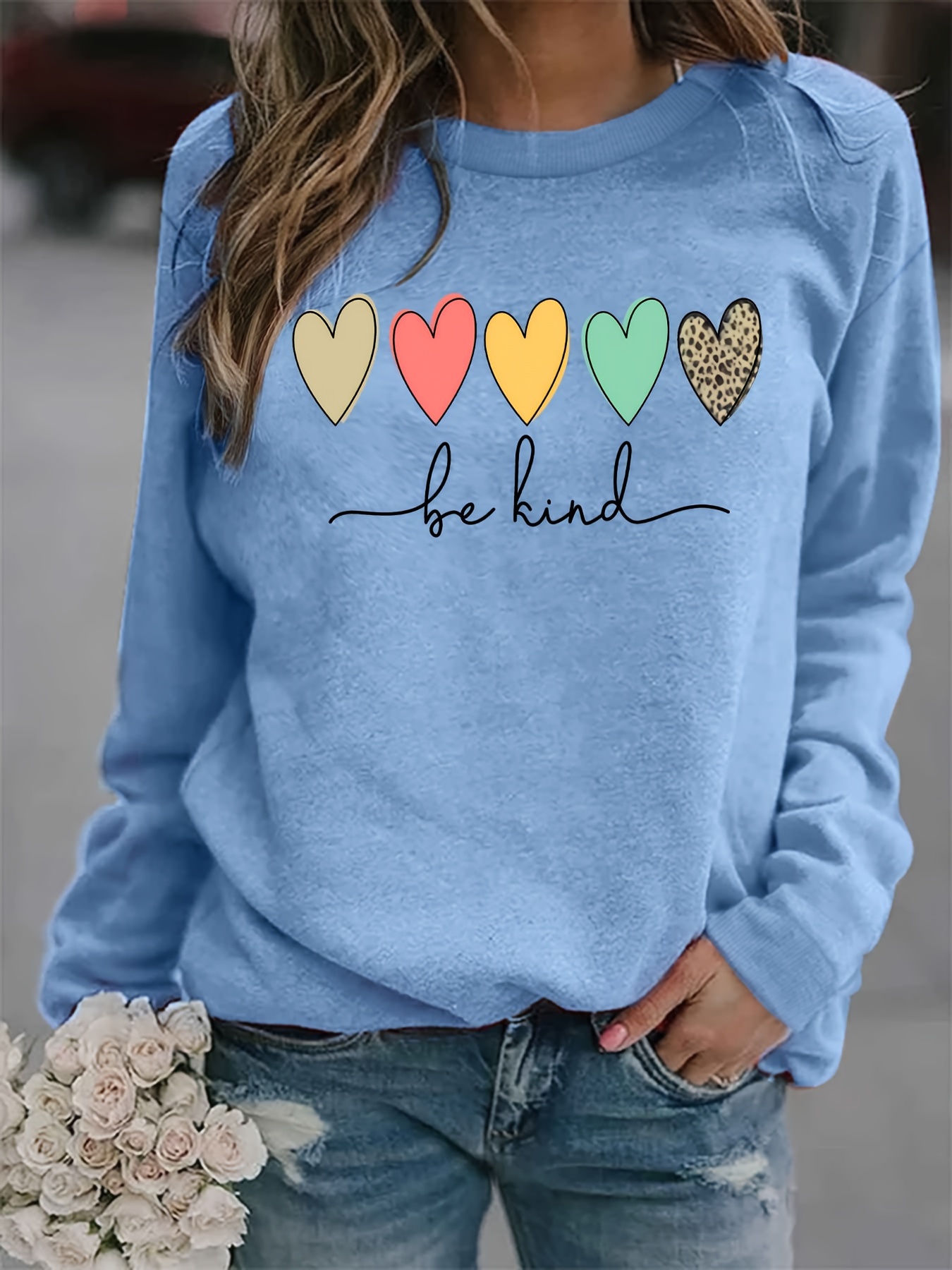 be kind heart print sweatshirt casual long sleeve crew neck sweatshirt womens clothing details 20