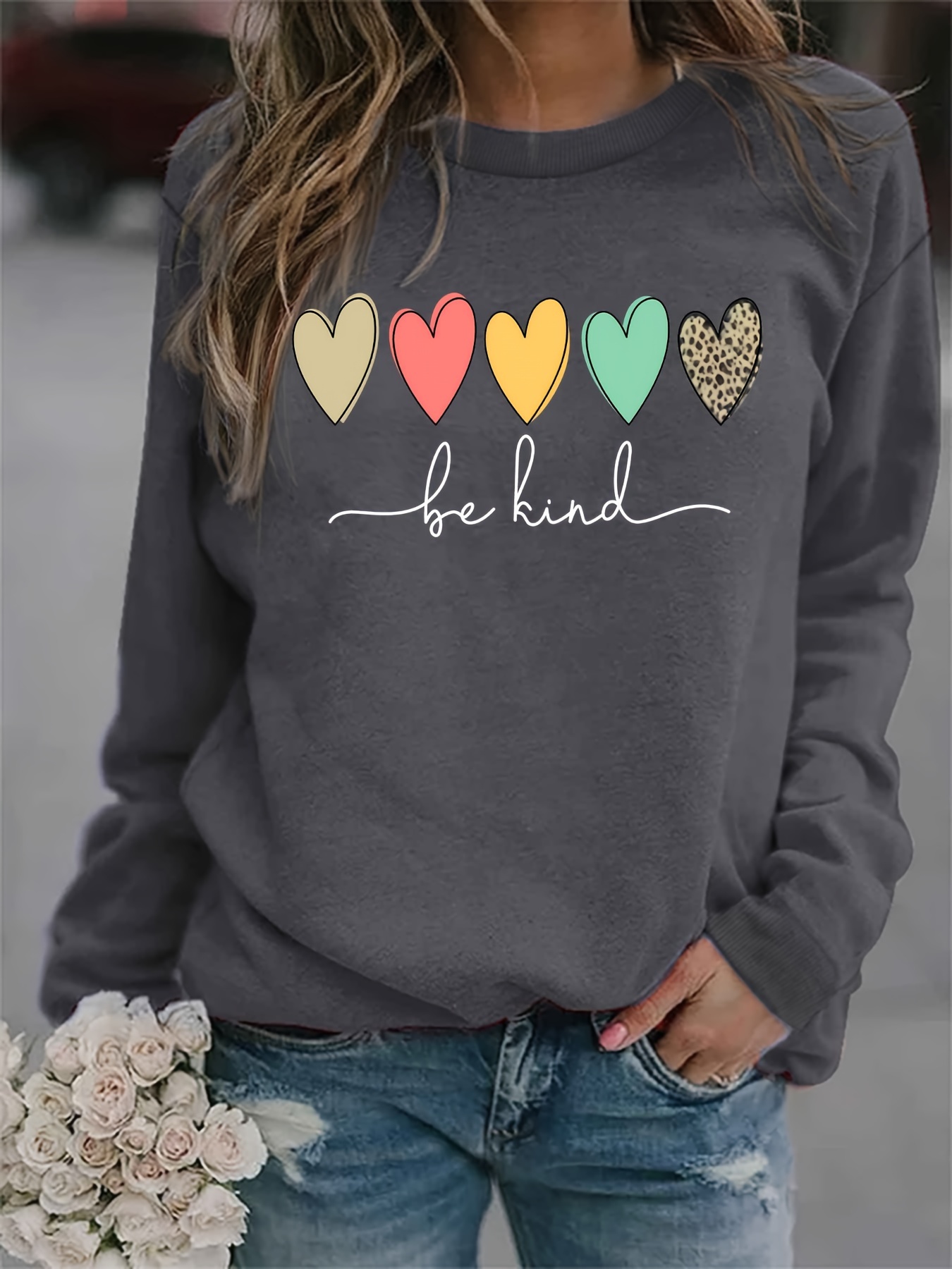 be kind heart print sweatshirt casual long sleeve crew neck sweatshirt womens clothing details 26