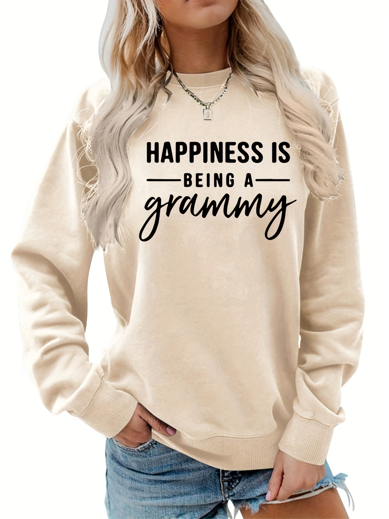 happiness is being a grammy print sweatshirt casual long sleeve crew neck sweatshirt womens clothing details 0