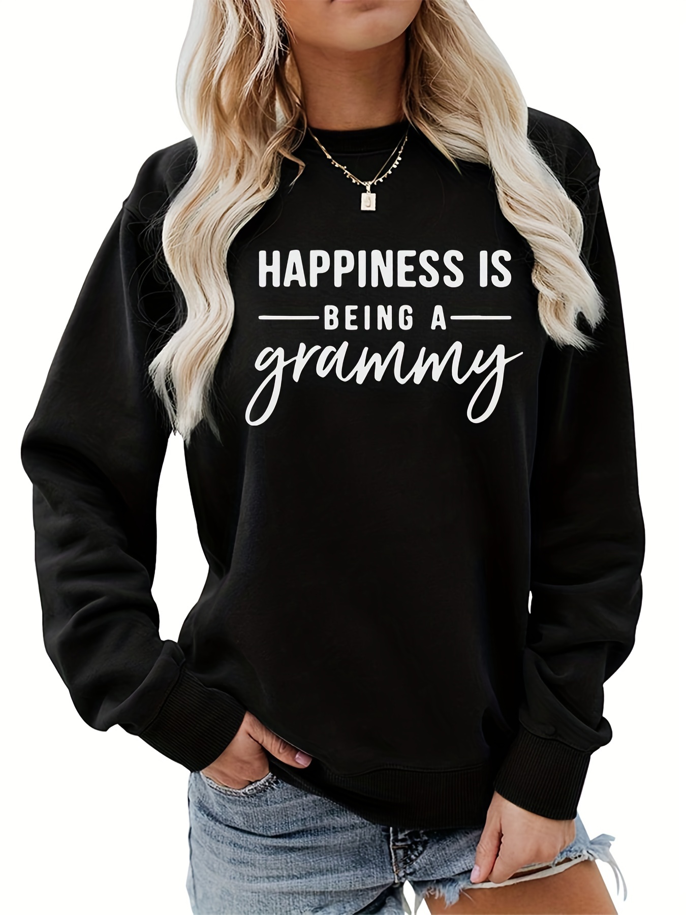 happiness is being a grammy print sweatshirt casual long sleeve crew neck sweatshirt womens clothing details 5