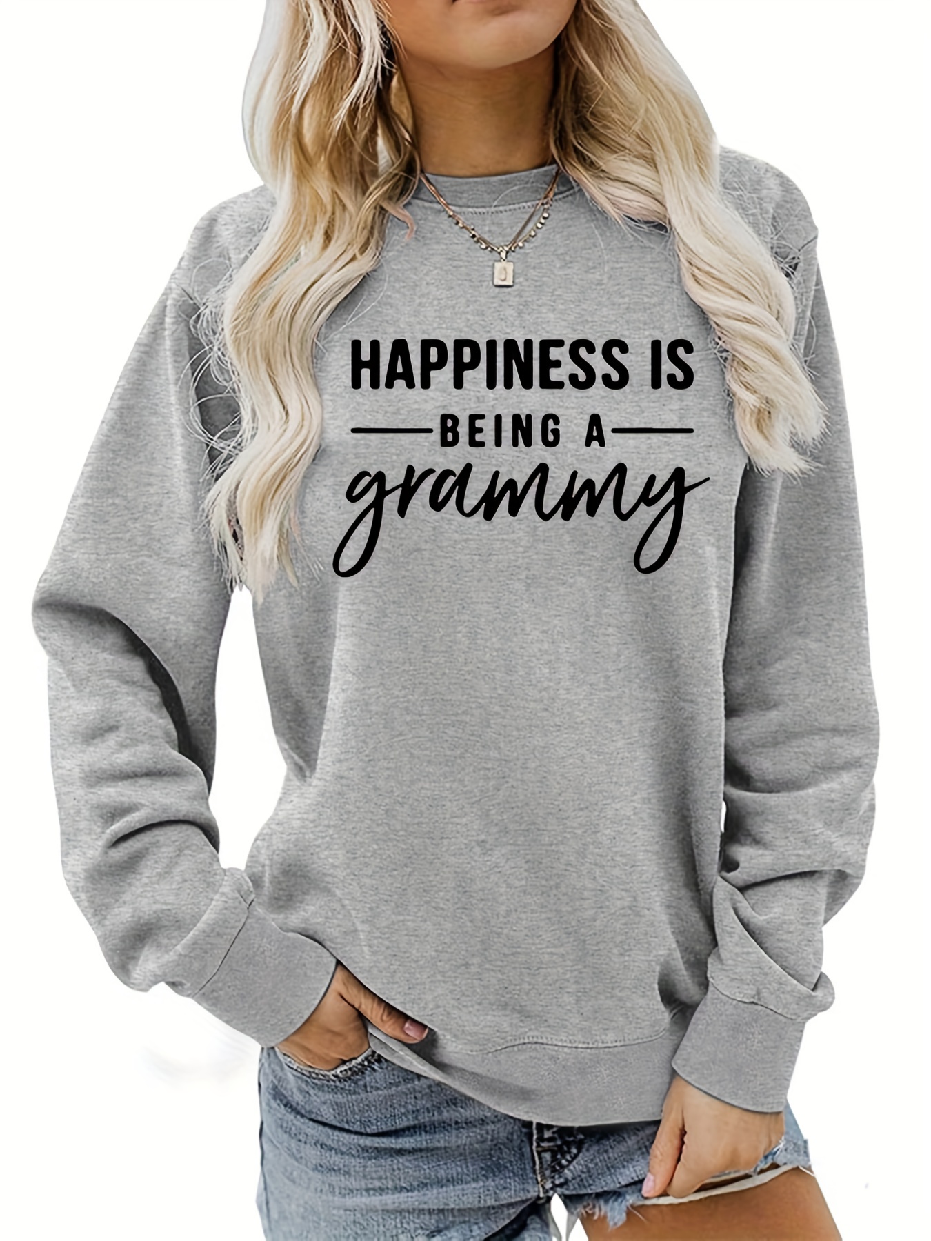 happiness is being a grammy print sweatshirt casual long sleeve crew neck sweatshirt womens clothing details 11