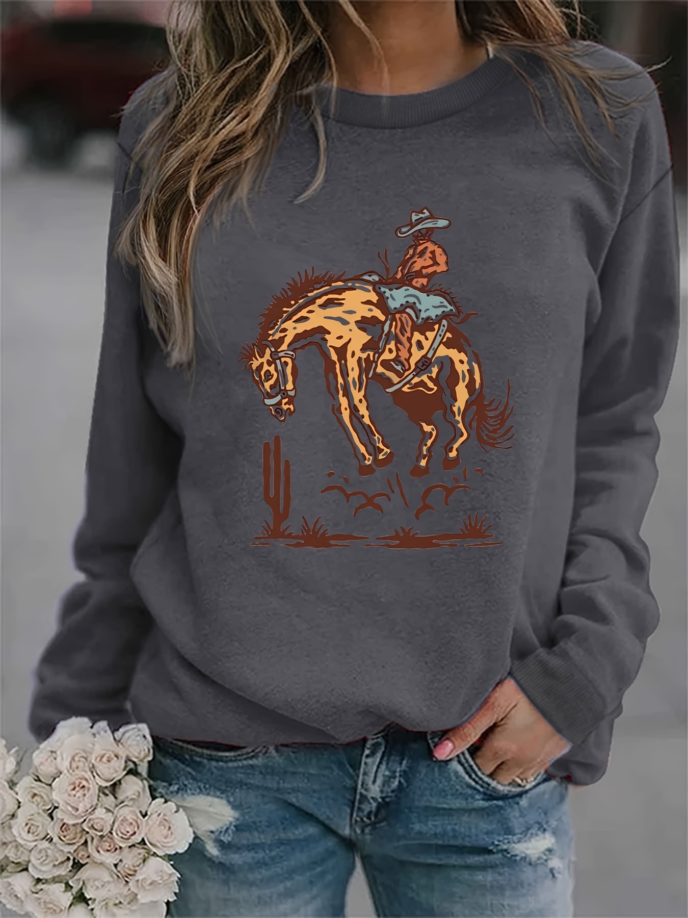 western cowboy print sweatshirt casual long sleeve crew neck sweatshirt for spring fall womens clothing details 0