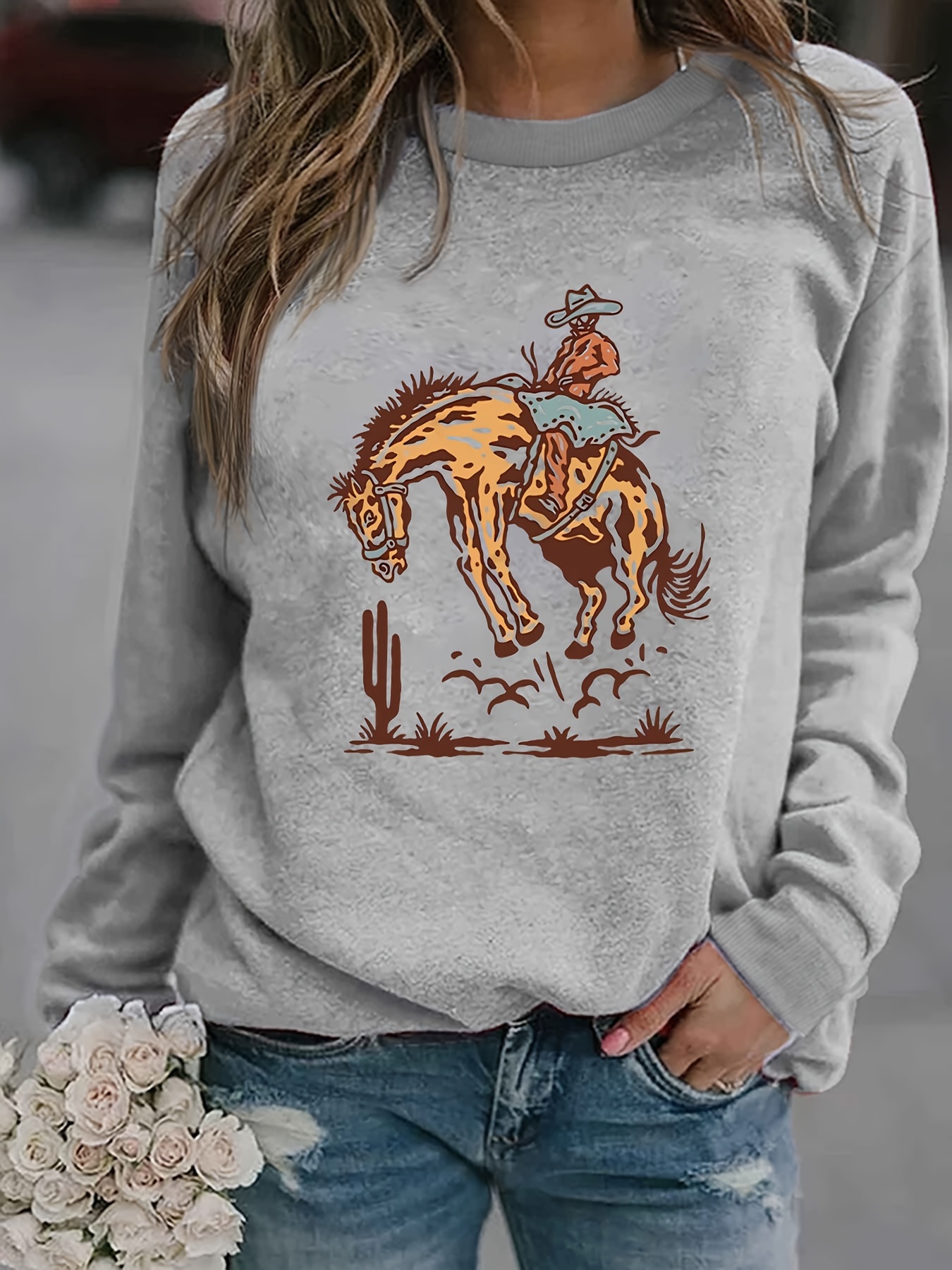 western cowboy print sweatshirt casual long sleeve crew neck sweatshirt for spring fall womens clothing details 5