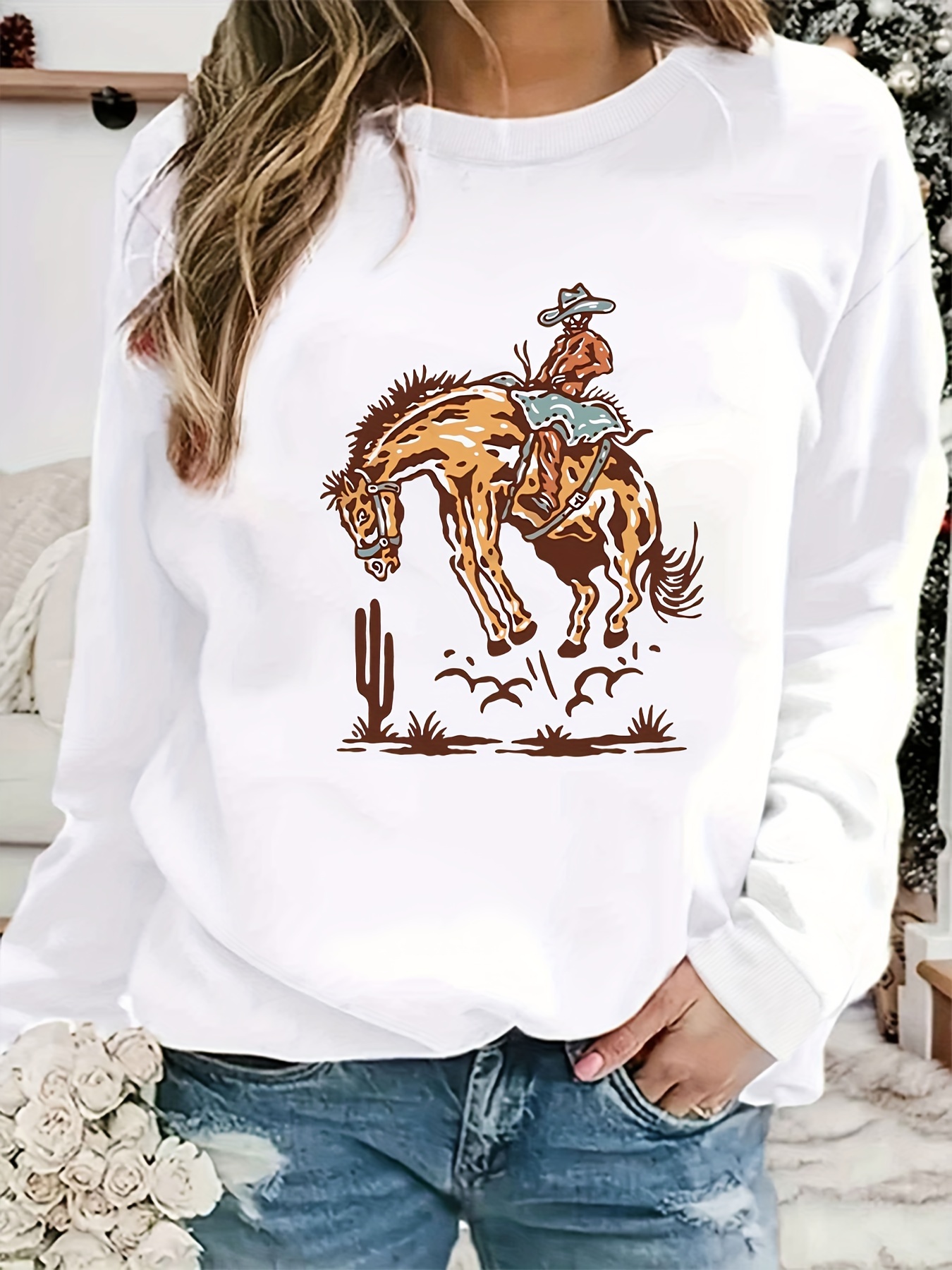 western cowboy print sweatshirt casual long sleeve crew neck sweatshirt for spring fall womens clothing details 10