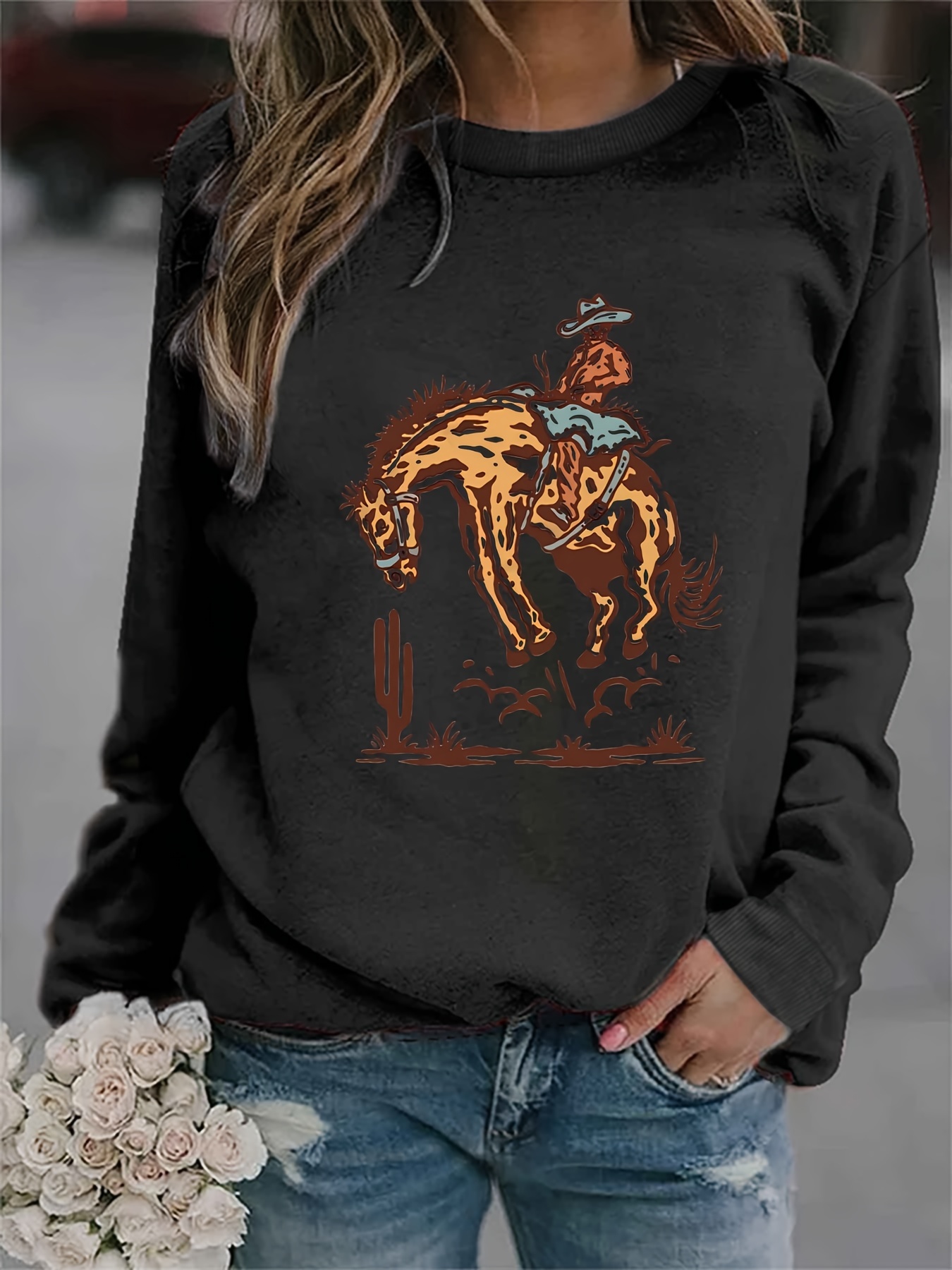 western cowboy print sweatshirt casual long sleeve crew neck sweatshirt for spring fall womens clothing details 15