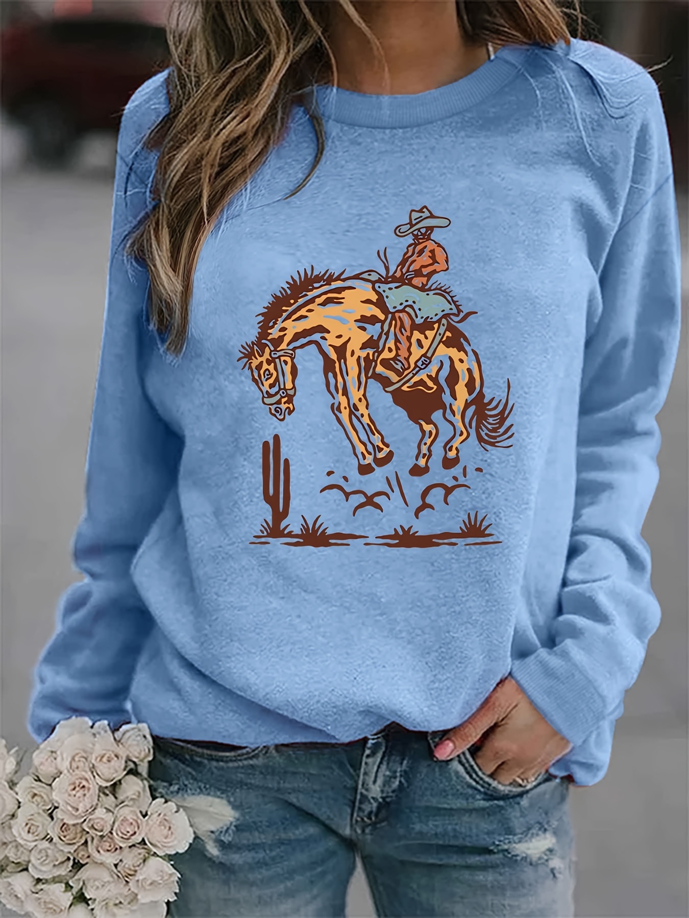 western cowboy print sweatshirt casual long sleeve crew neck sweatshirt for spring fall womens clothing details 20