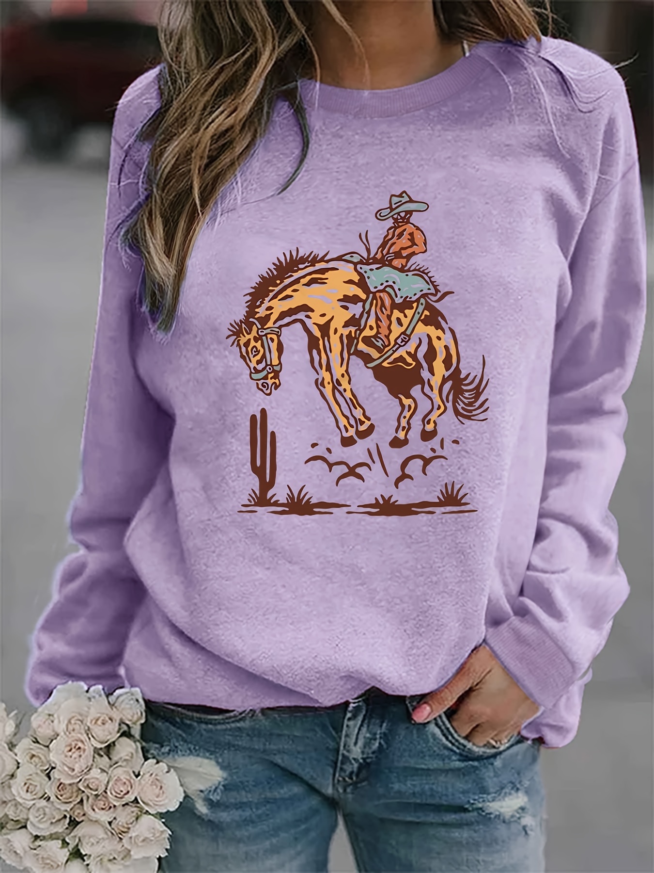 western cowboy print sweatshirt casual long sleeve crew neck sweatshirt for spring fall womens clothing details 25