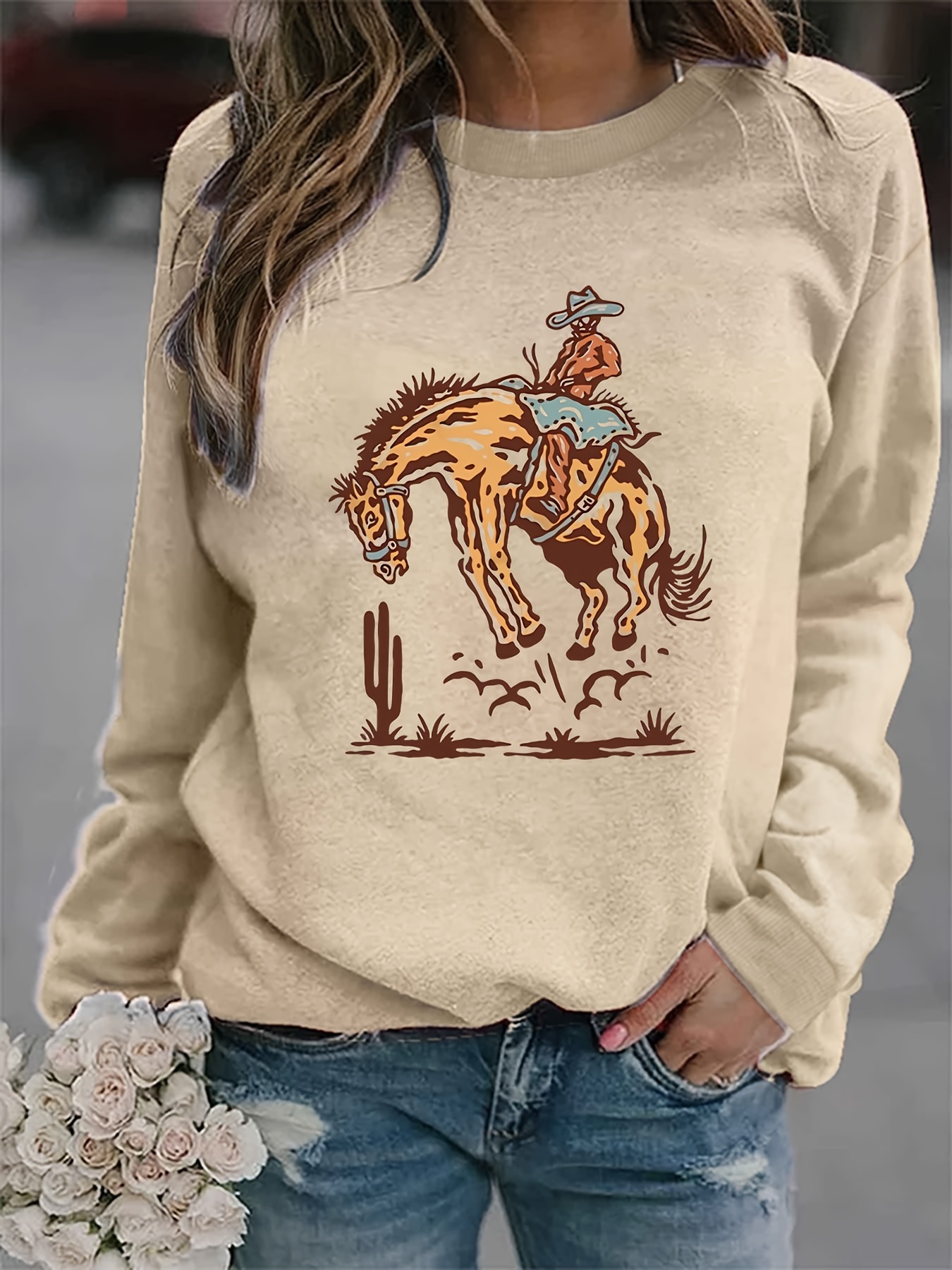 western cowboy print sweatshirt casual long sleeve crew neck sweatshirt for spring fall womens clothing details 31