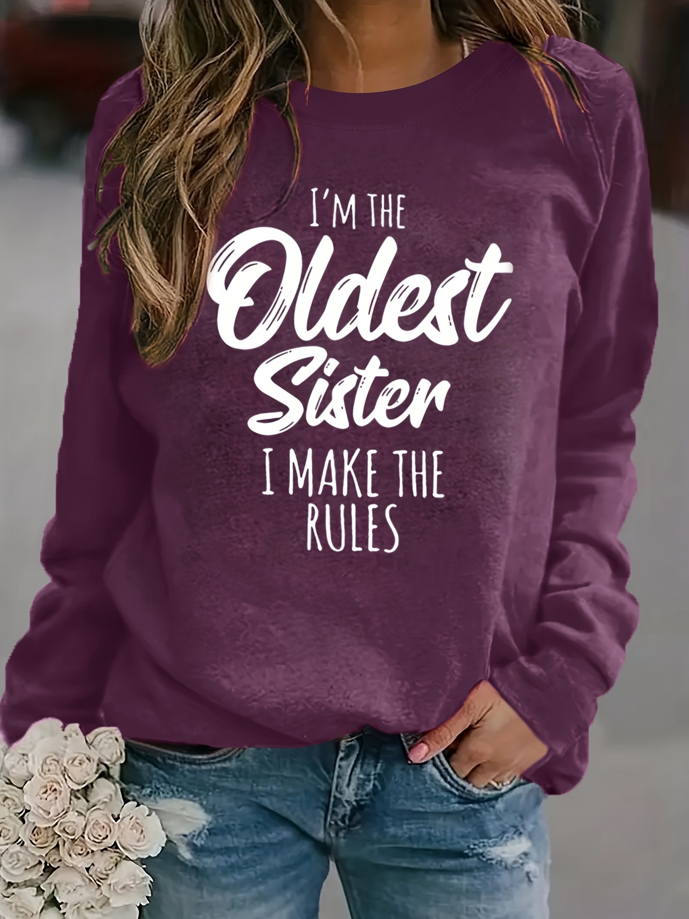 oldest sister letter print sweatshirt casual crew neck long sleeve sweatshirt womens clothing details 0