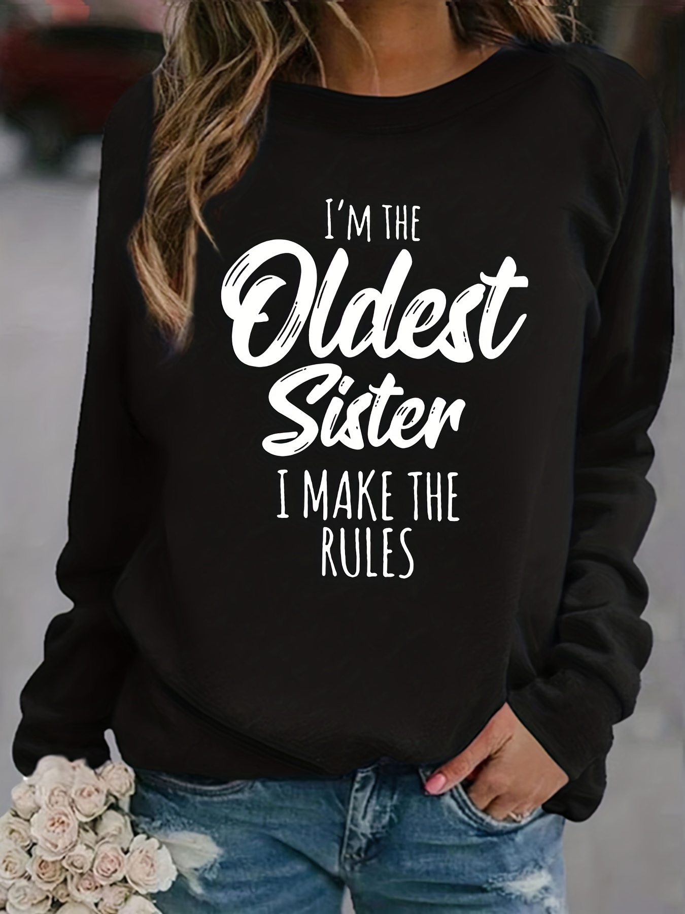 oldest sister letter print sweatshirt casual crew neck long sleeve sweatshirt womens clothing details 3