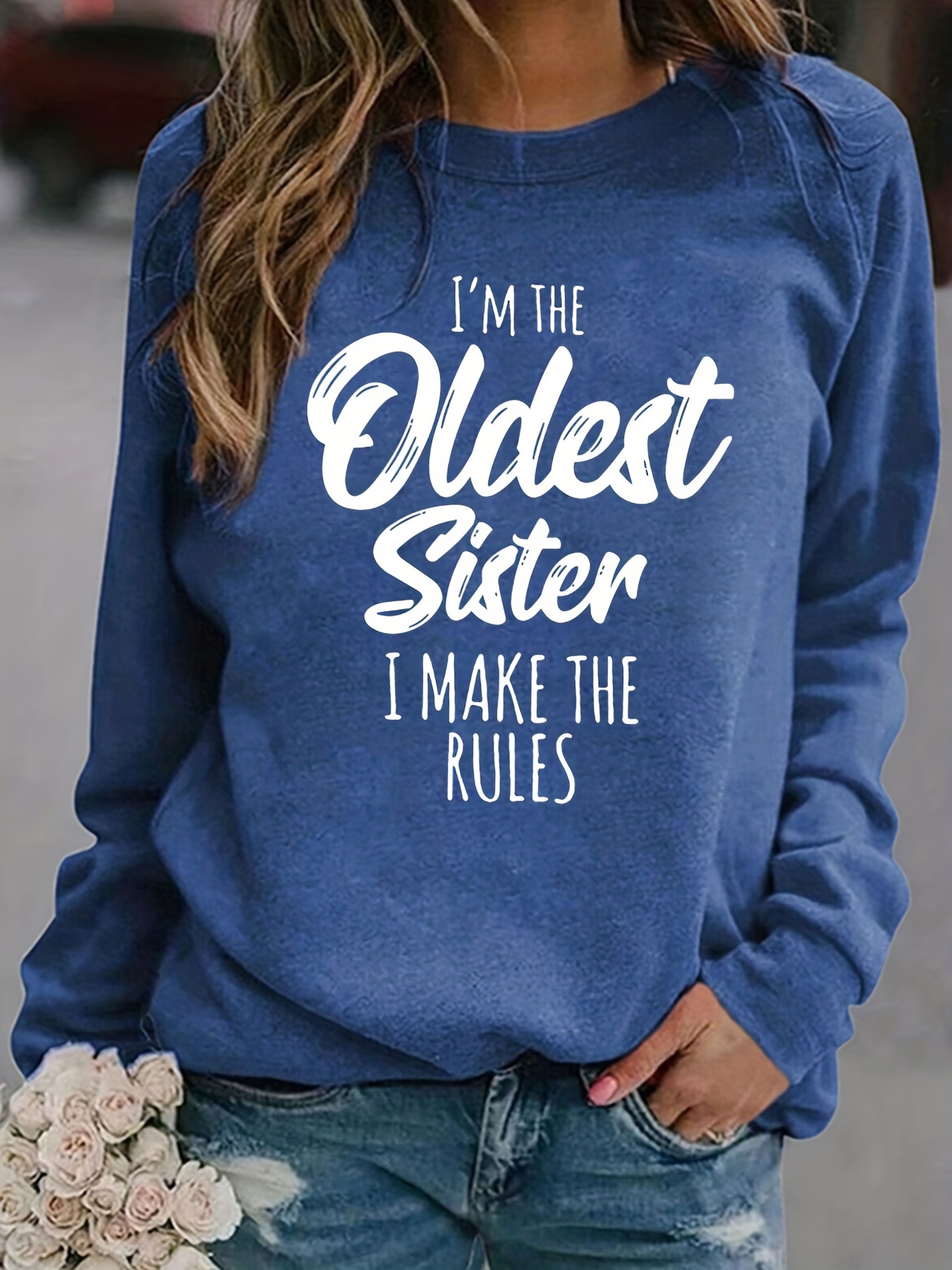 oldest sister letter print sweatshirt casual crew neck long sleeve sweatshirt womens clothing details 6