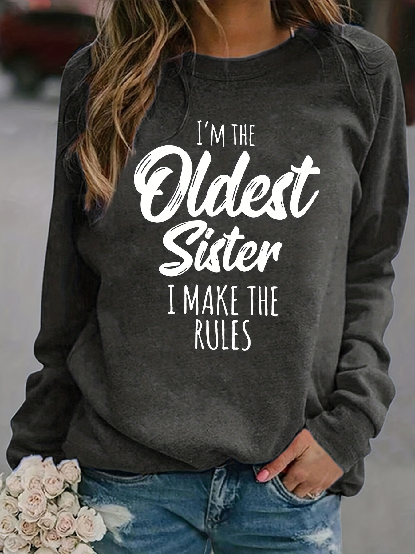 oldest sister letter print sweatshirt casual crew neck long sleeve sweatshirt womens clothing details 10