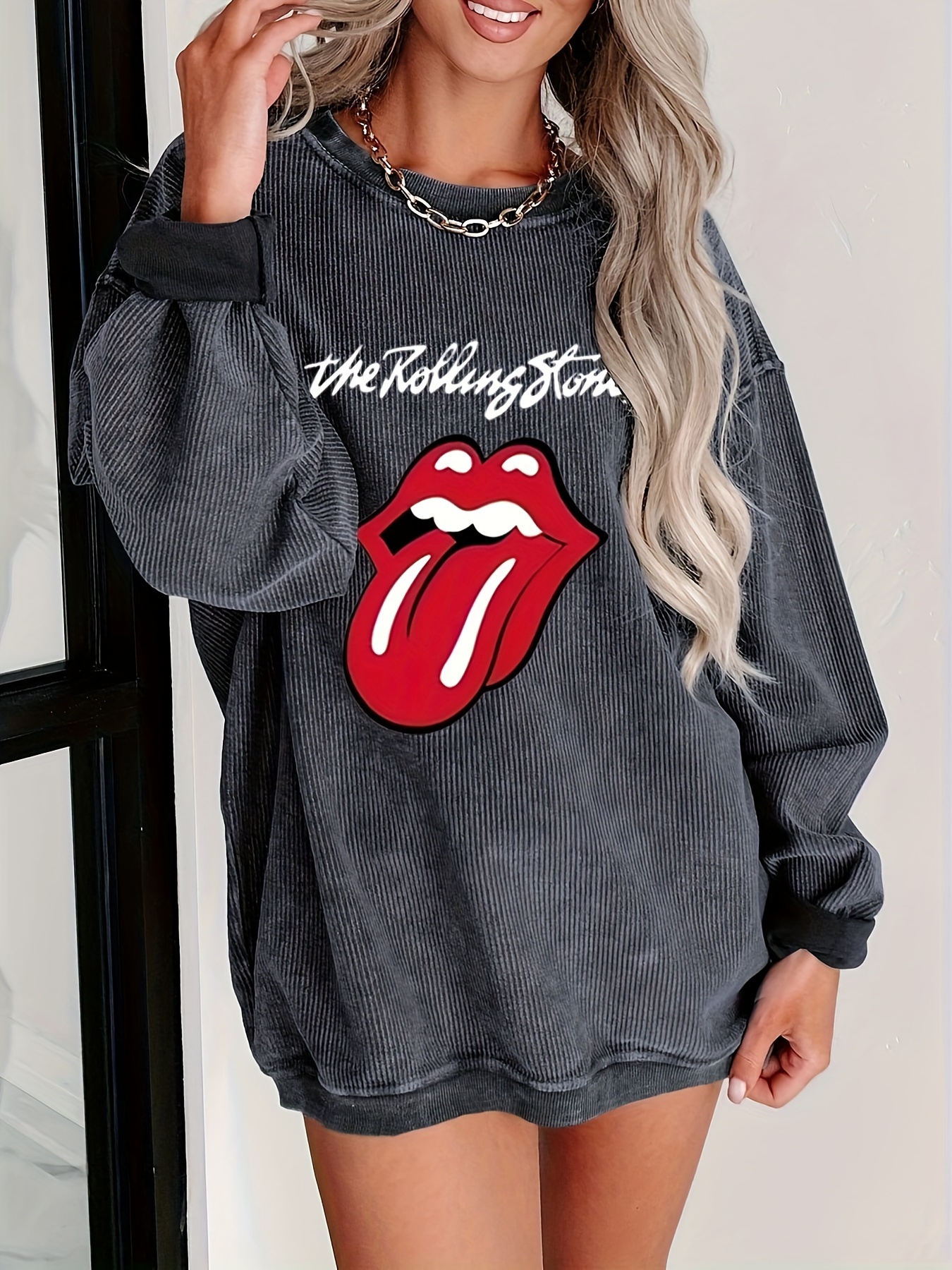 lips letter print pullover sweatshirt casual long sleeve crew neck sweatshirt for fall winter womens clothing details 0