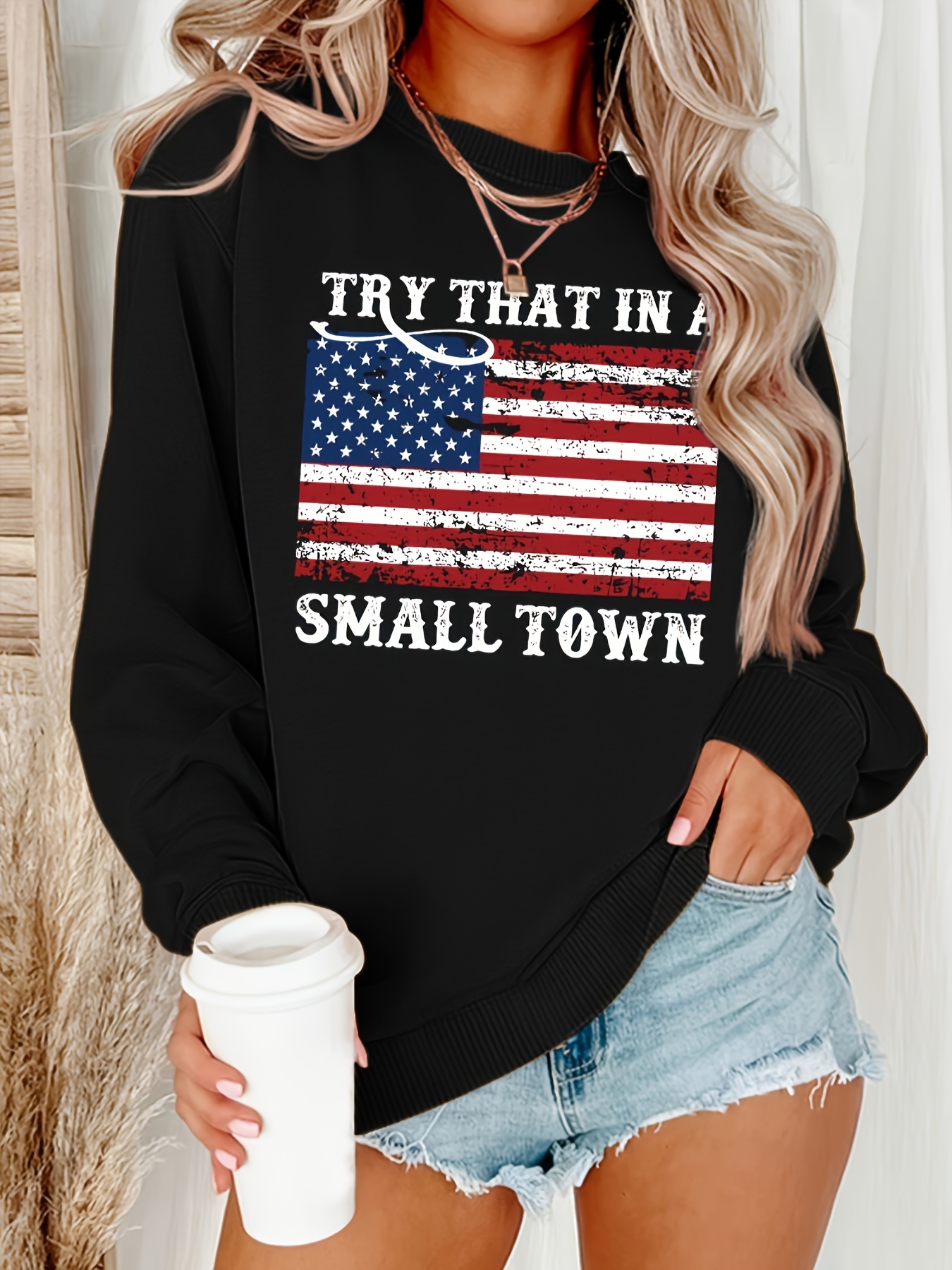 american flag slogan pattern sweatshirt casual long sleeve crew neck sweatshirt for fall winter womens clothing details 0