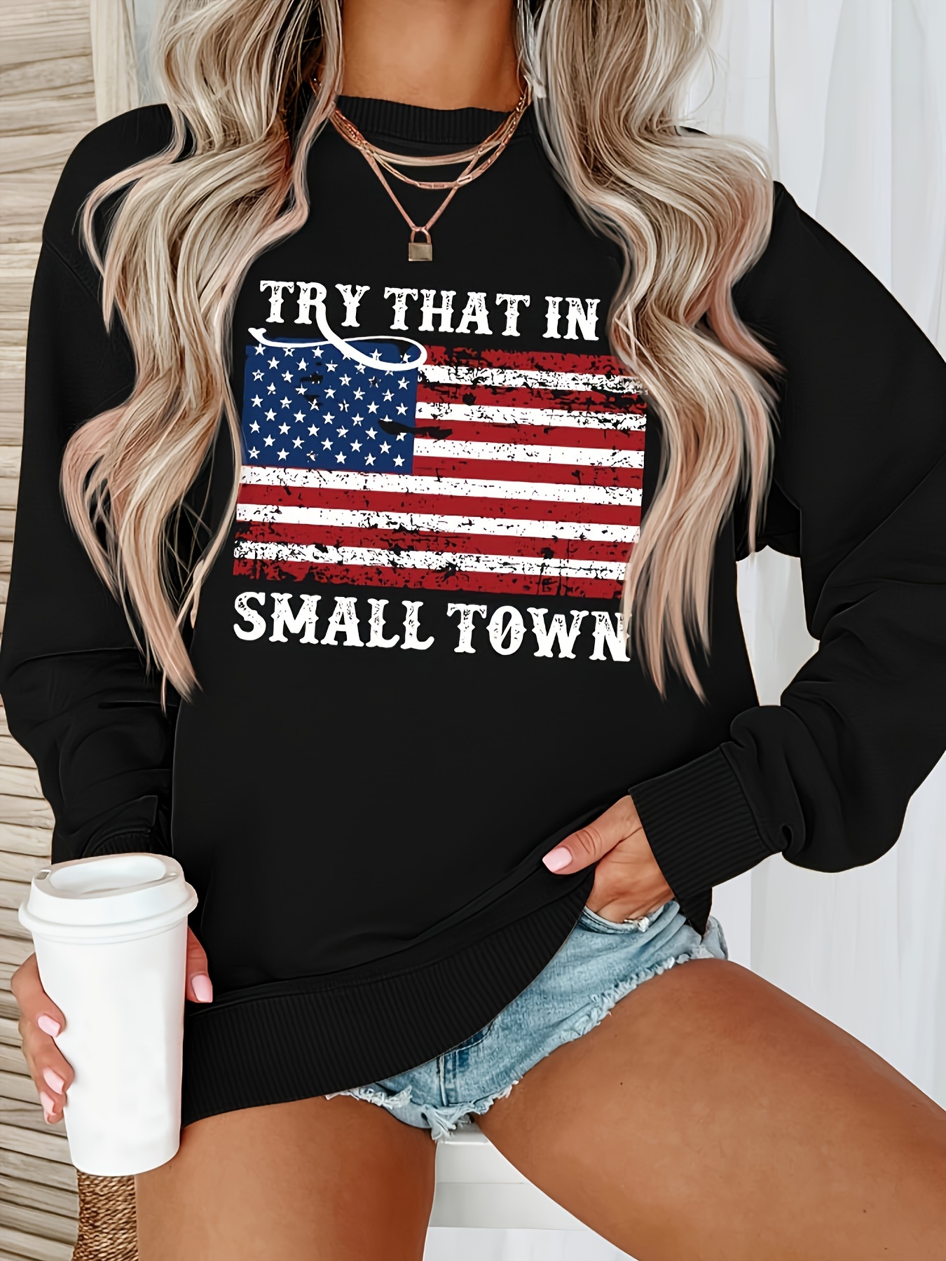 american flag slogan pattern sweatshirt casual long sleeve crew neck sweatshirt for fall winter womens clothing details 1