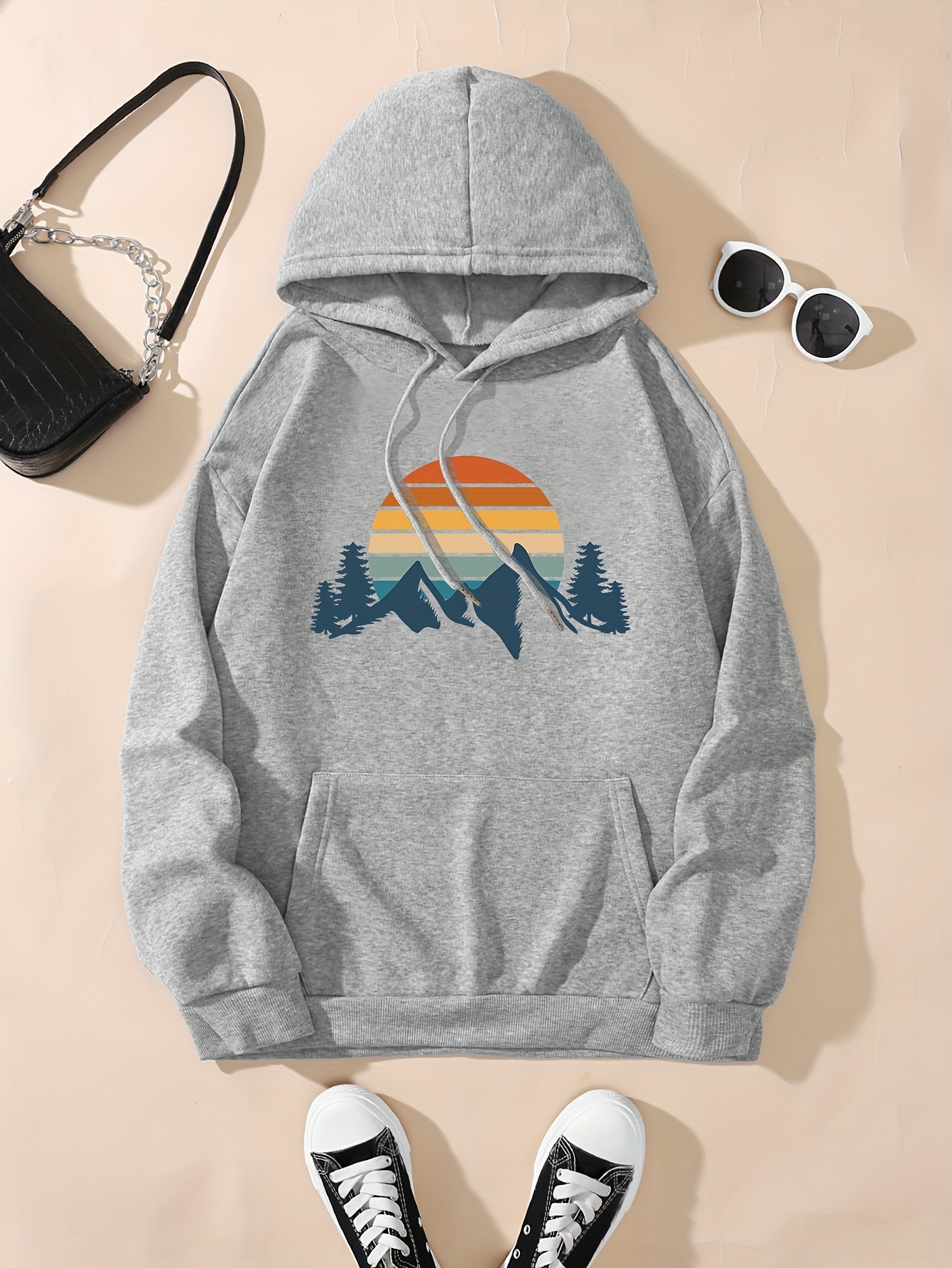 mountains sun print hoodie vintage drawstring kangaroo pocket hoodies sweatshirt womens clothing details 16