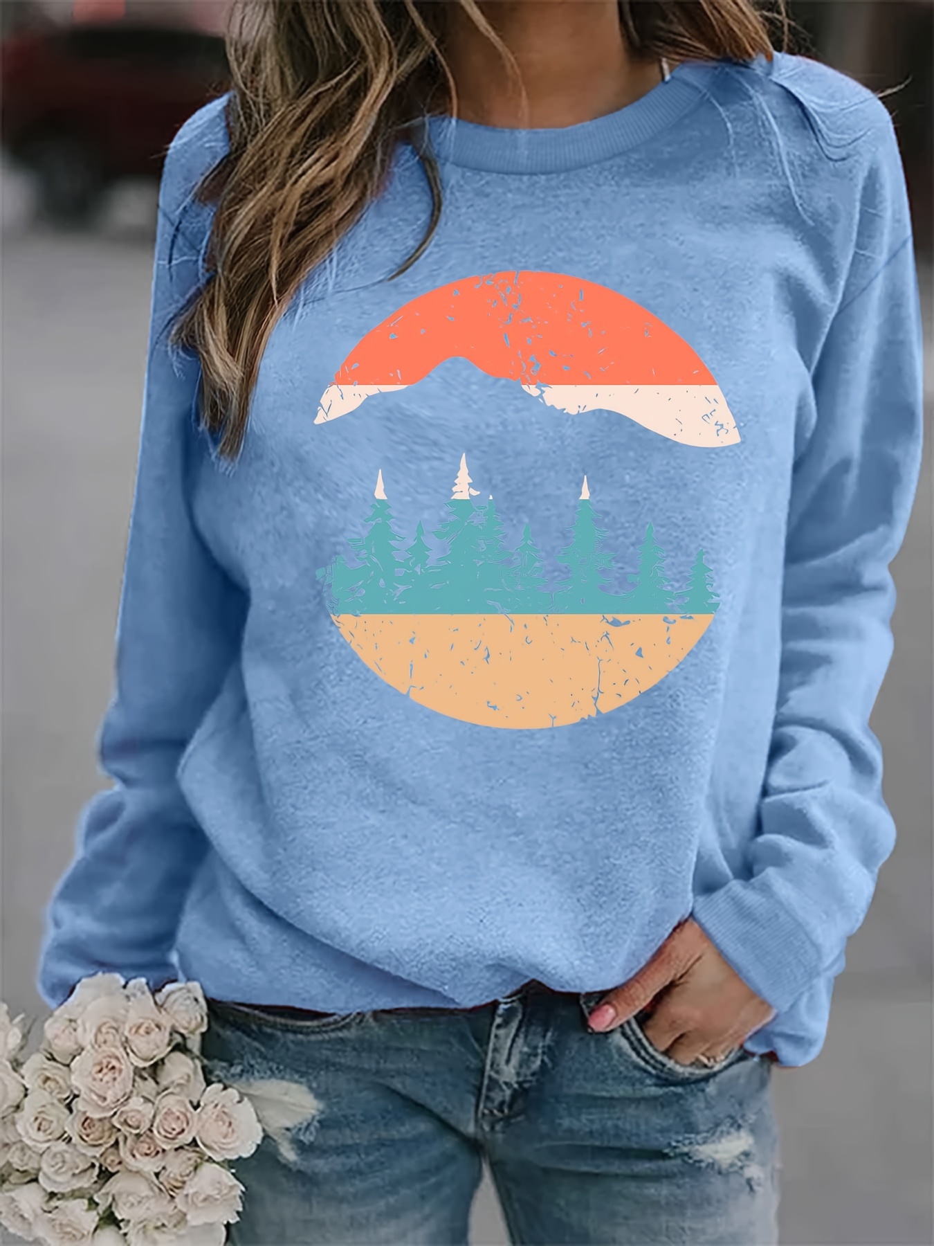 forest print sweatshirt casual long sleeve crew neck sweatshirt womens clothing details 5