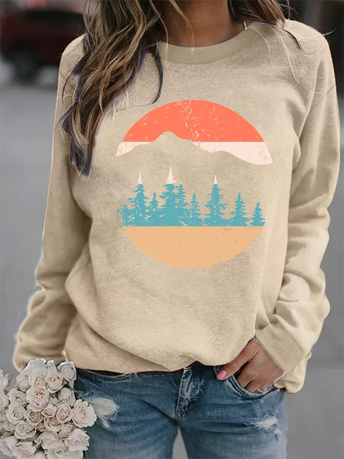 forest print sweatshirt casual long sleeve crew neck sweatshirt womens clothing details 10