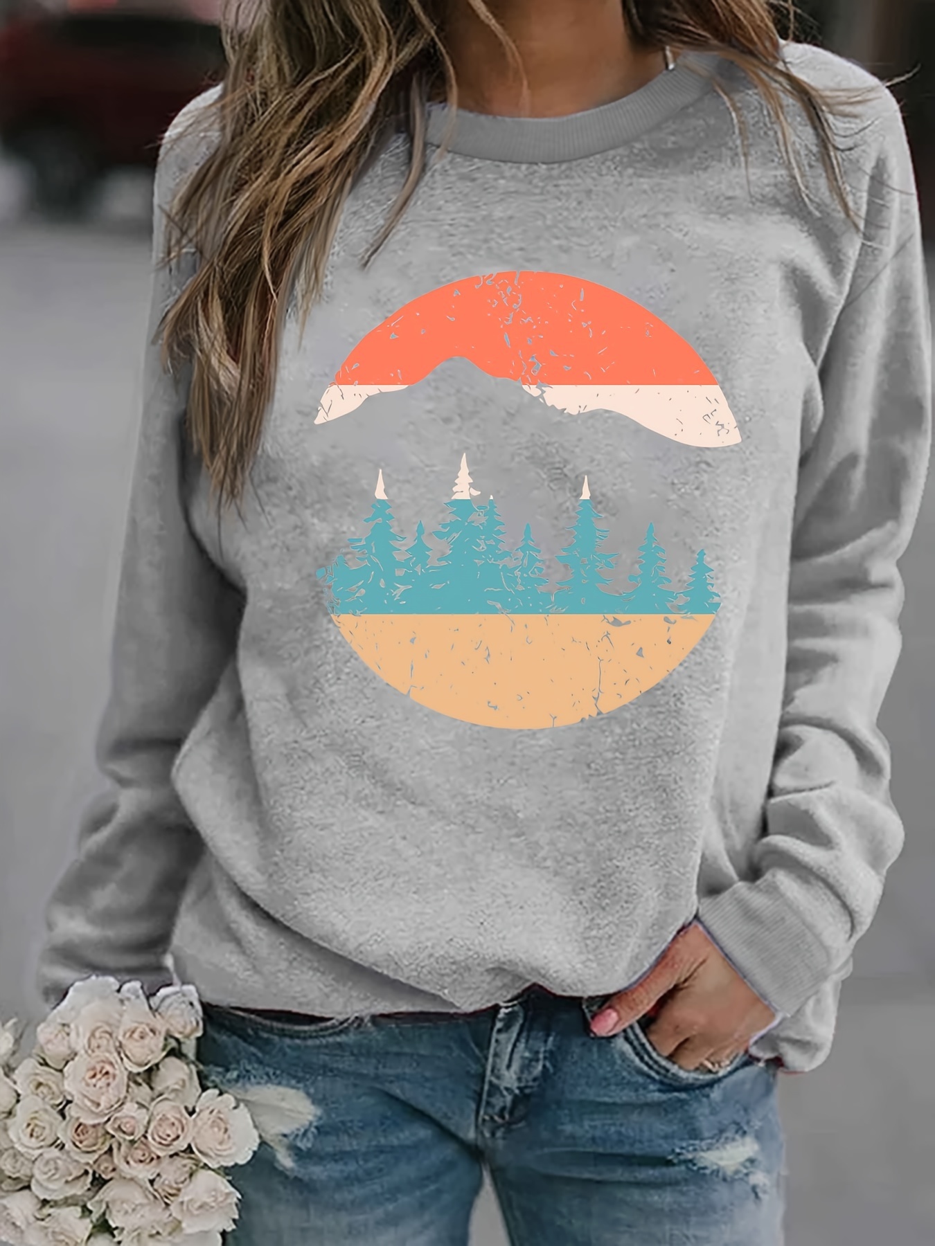 forest print sweatshirt casual long sleeve crew neck sweatshirt womens clothing details 15