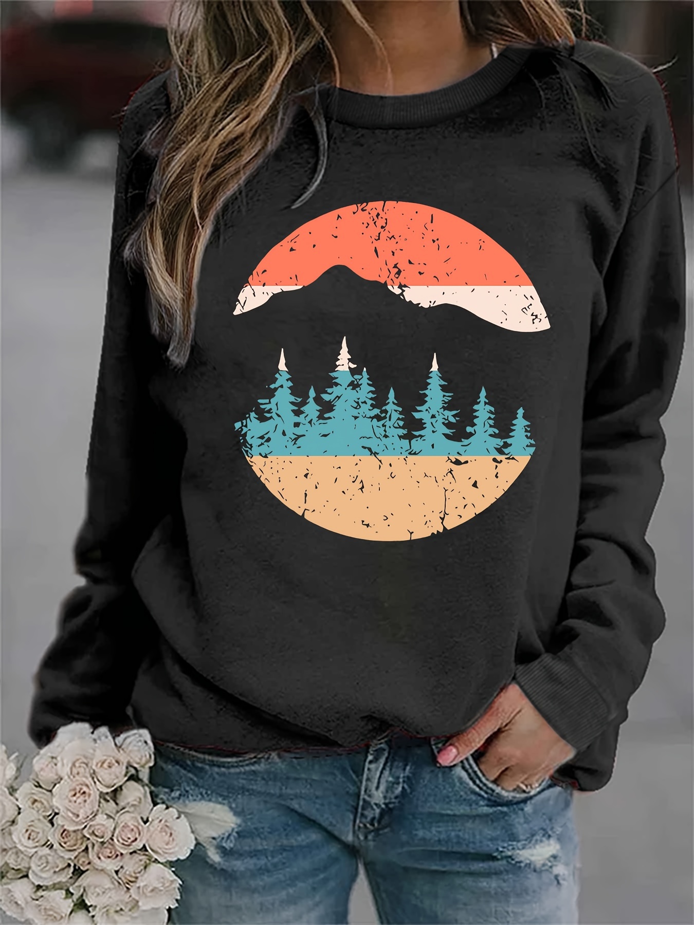 forest print sweatshirt casual long sleeve crew neck sweatshirt womens clothing details 20