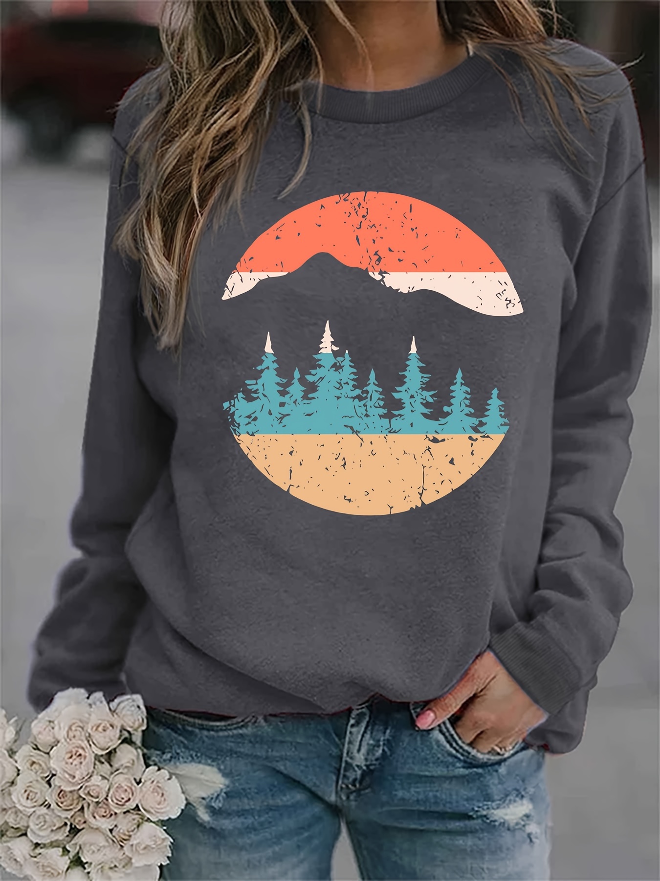 forest print sweatshirt casual long sleeve crew neck sweatshirt womens clothing details 26