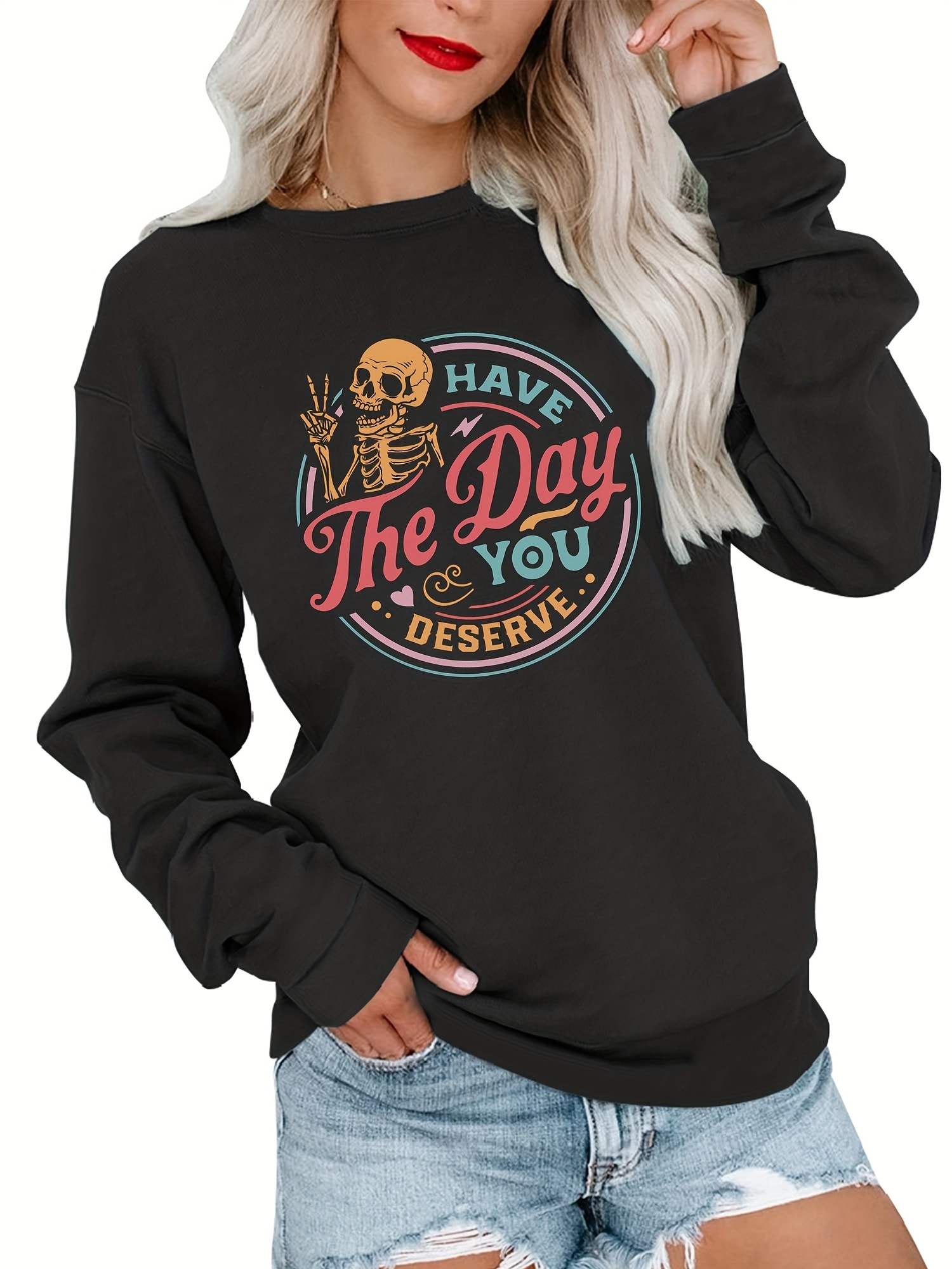 skeleton letter print pullover sweatshirt casual long sleeve crew neck sweatshirt womens clothing details 0