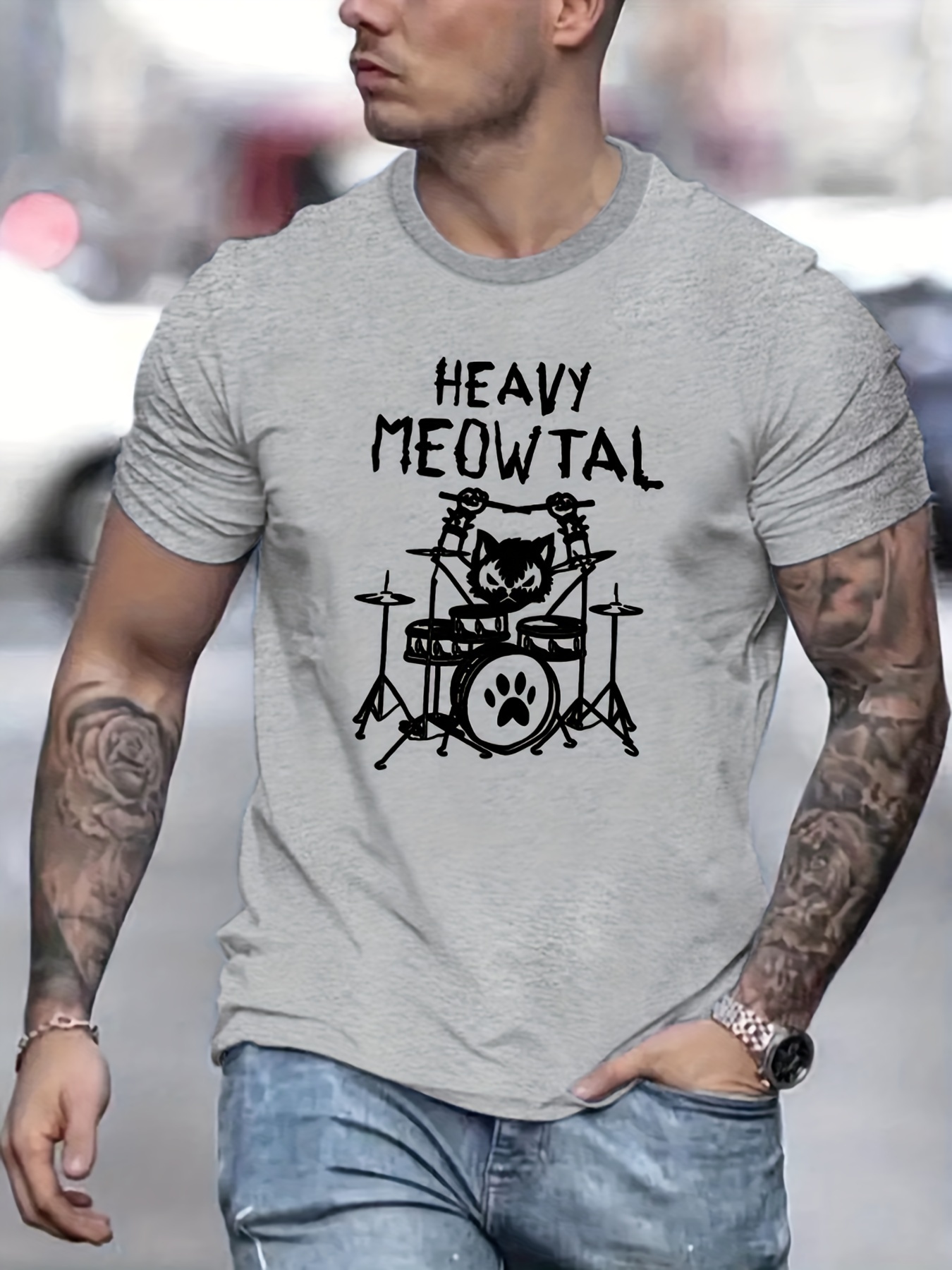 heavy meowtal print t shirt tees for men casual short sleeve t shirt for summer details 0