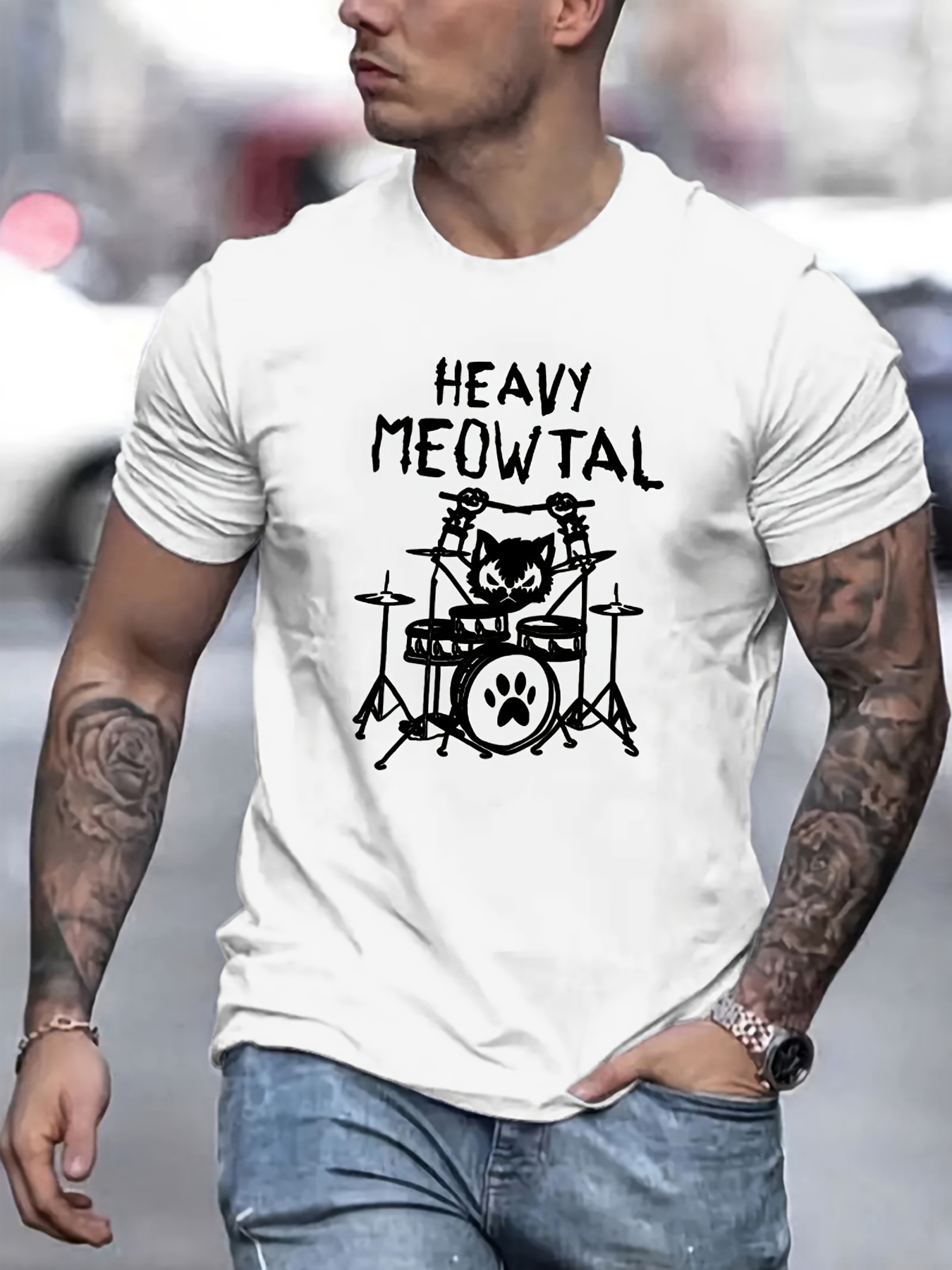 heavy meowtal print t shirt tees for men casual short sleeve t shirt for summer details 5