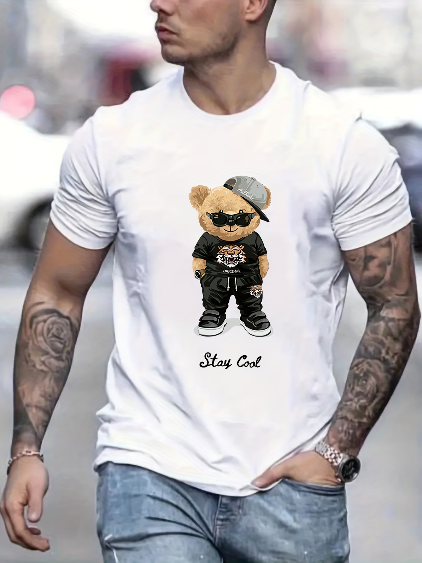 cool bear print mens graphic t shirt casual comfy tees for summer mens clothing details 5