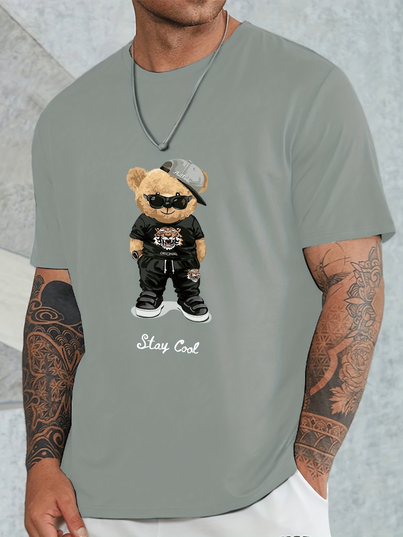 cool bear print mens graphic t shirt casual comfy tees for summer mens clothing details 20