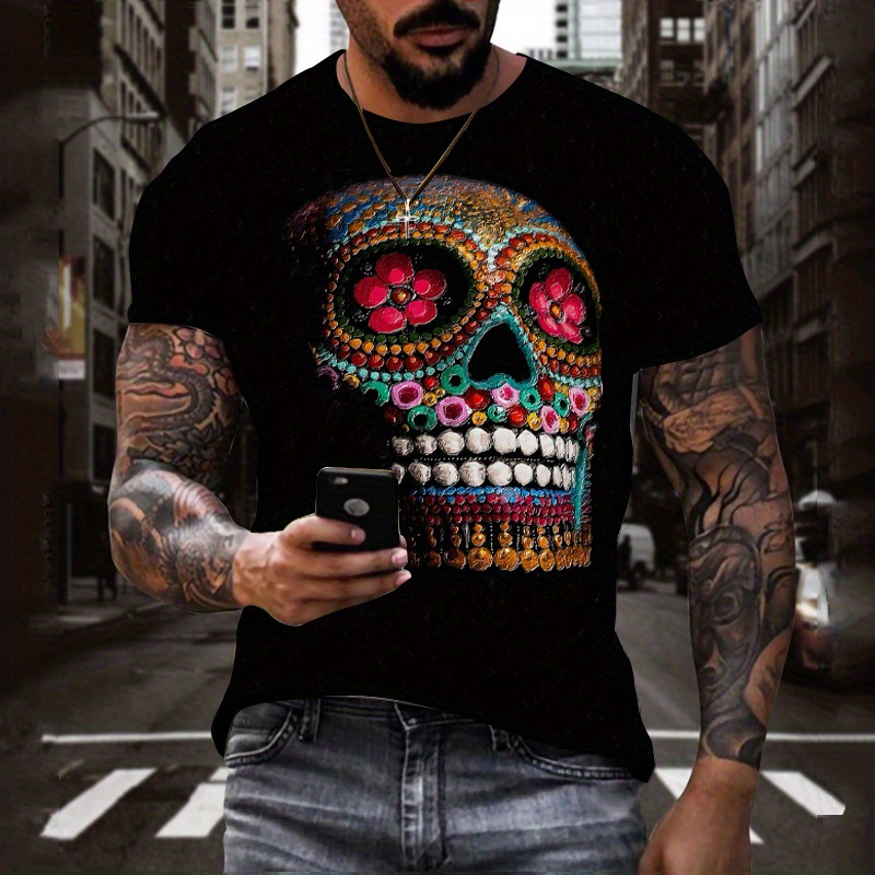 trendy skull 3d digital pattern print mens graphic t shirts causal comfy tees short sleeve pullover tops mens summer outdoor clothing details 0