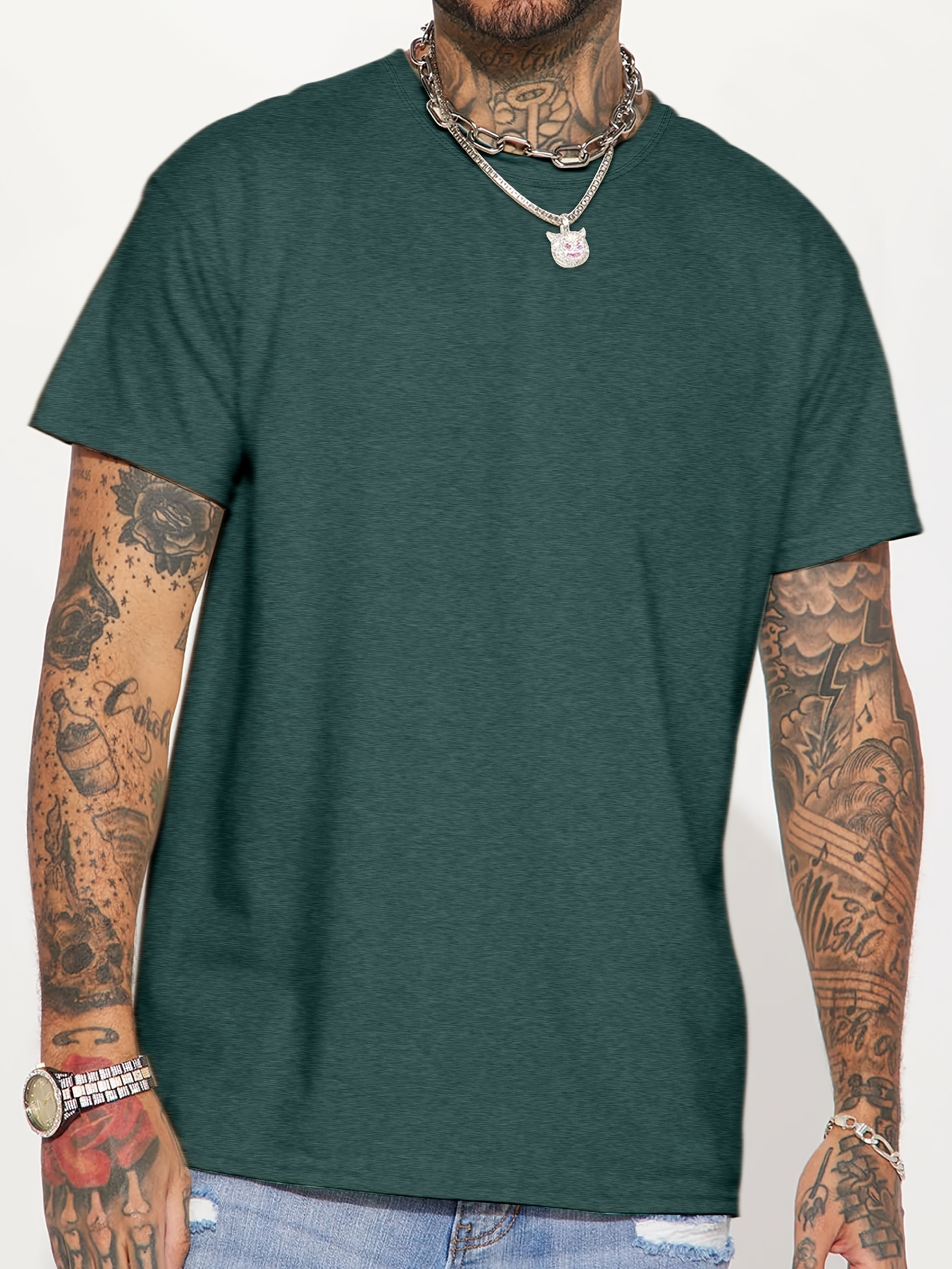 casual solid color mens short sleeve round neck daily t shirt for summer tops as gifts details 21