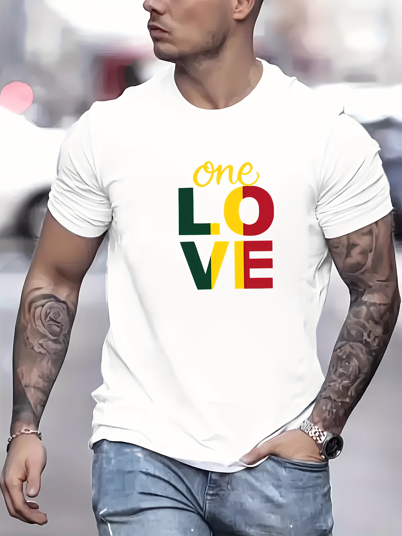 one love graphic mens short sleeve t shirt comfy stretchy trendy tees for summer casual daily style fashion clothing details 5