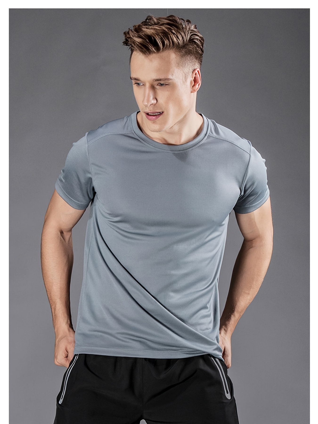 mens solid slightly stretch quick drying breathable short sleeve round neck comfy t shirt for gym fitness training details 4