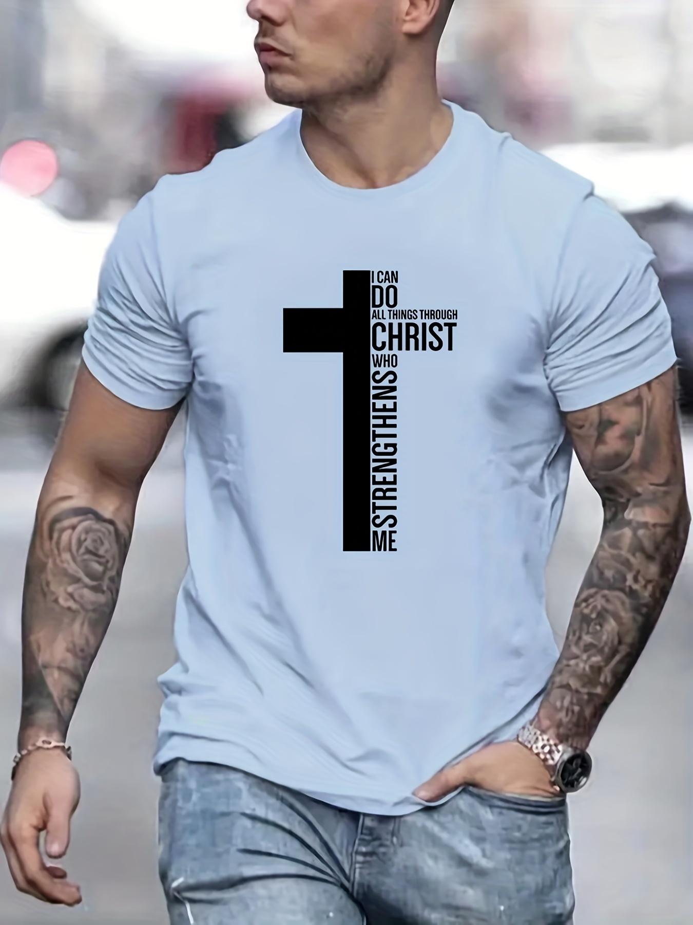 fashion cross graphic print mens creative top casual slightly stretch short sleeve crew neck t shirt mens tee for summer outdoor details 0